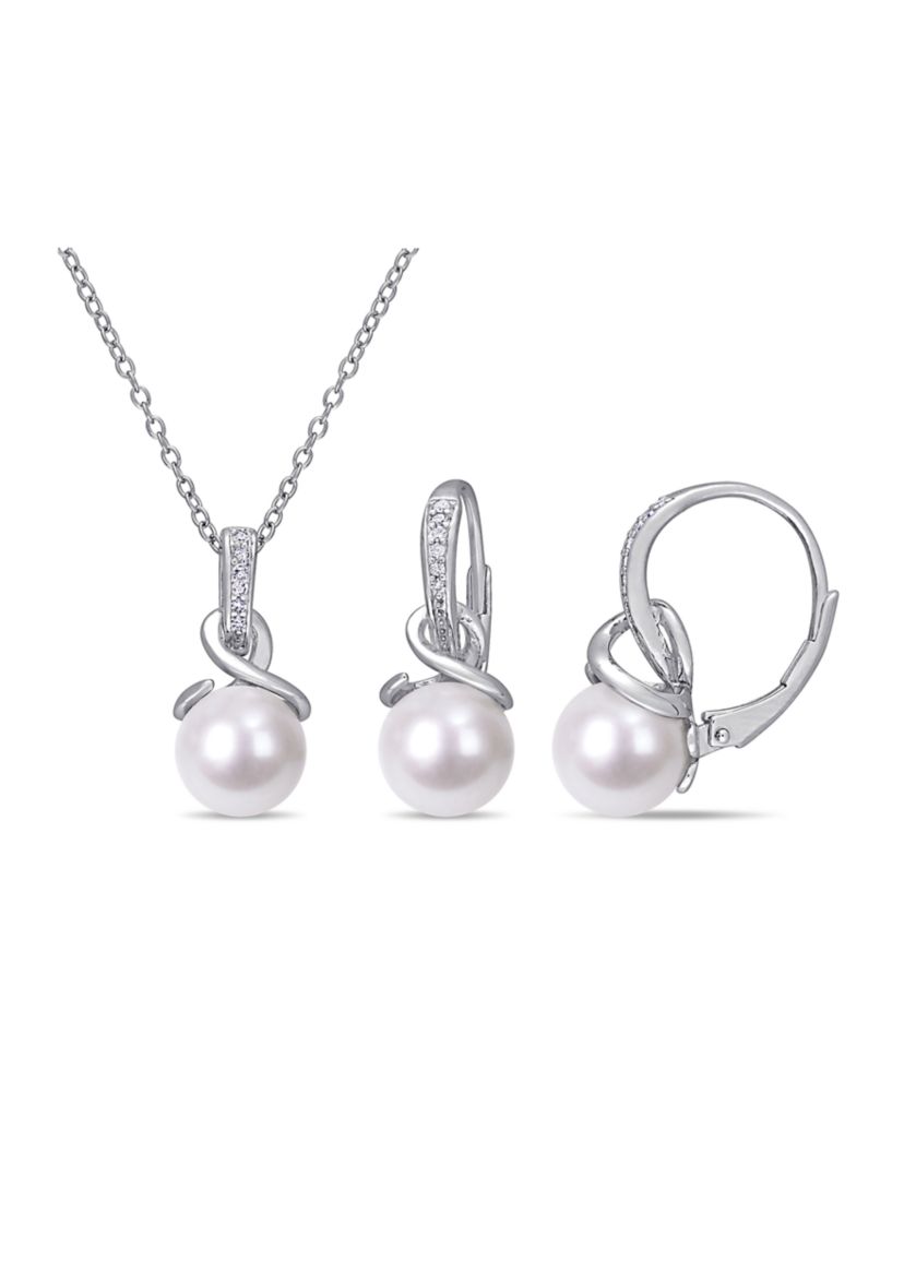 8 - 8.5 MM Cultured Freshwater Pearl and 1/10 CT TW Diamond Twist Leverback Earrings and Pendant with Chain in Sterling Silver