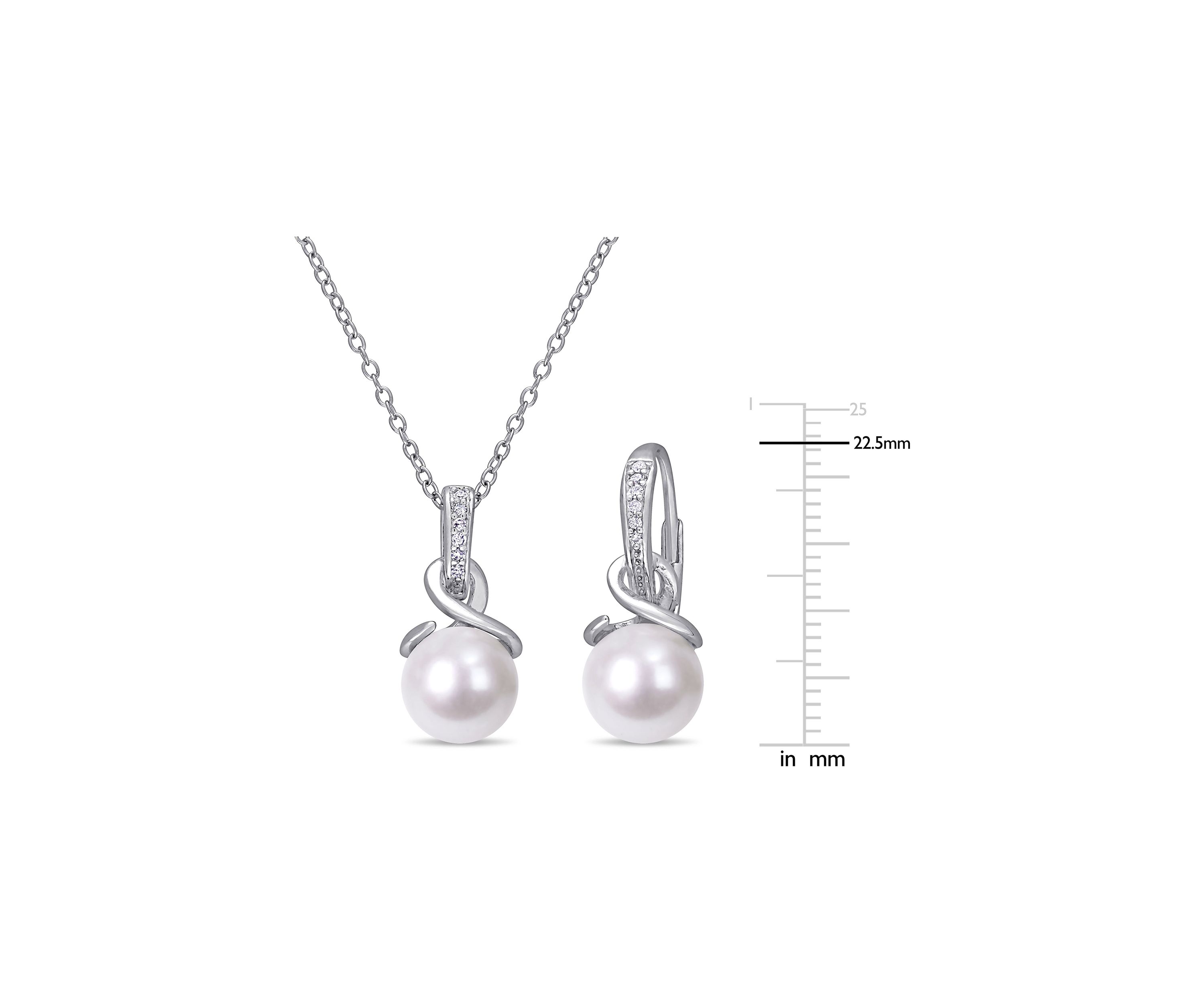 8 - 8.5 MM Cultured Freshwater Pearl and 1/10 CT TW Diamond Twist Leverback Earrings and Pendant with Chain in Sterling Silver