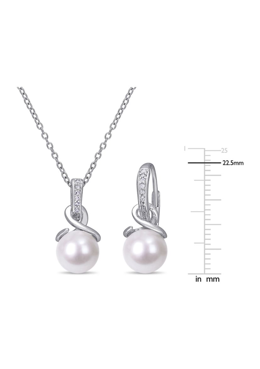 8 - 8.5 MM Cultured Freshwater Pearl and 1/10 CT TW Diamond Twist Leverback Earrings and Pendant with Chain in Sterling Silver