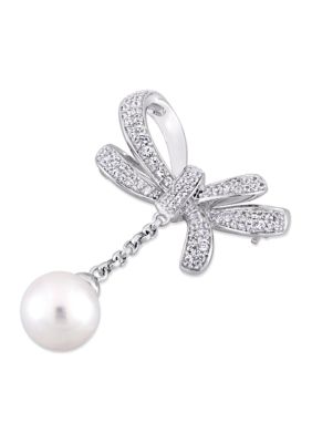Belk & Co 9.5-10 MM Cultured Freshwater Pearl and 4/5 CT TGW White Sapphire Bow Brooch Pin with Chain in Sterling Silver