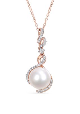 Belk & Co 10-10.5 MM Cultured Freshwater Pearl, White Sapphire and 1/6 CT TW Diamond Twist Drop Pendant with Chain in Rose Plated Sterling Silver