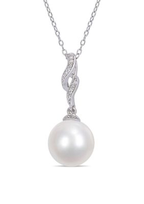 Belk & Co 11-12mm Cultured Freshwater White Pearl and Diamond Twist Drop Pearl Necklace in Sterling Silver