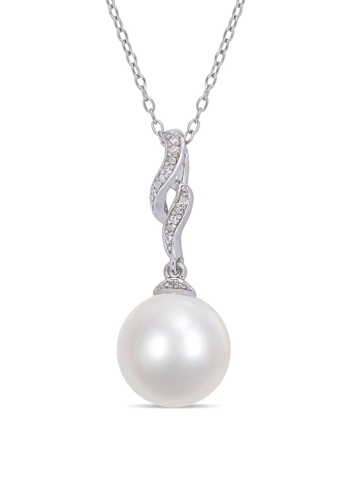 11-12mm Cultured Freshwater White Pearl and Diamond Twist Drop Pearl Necklace in Sterling Silver