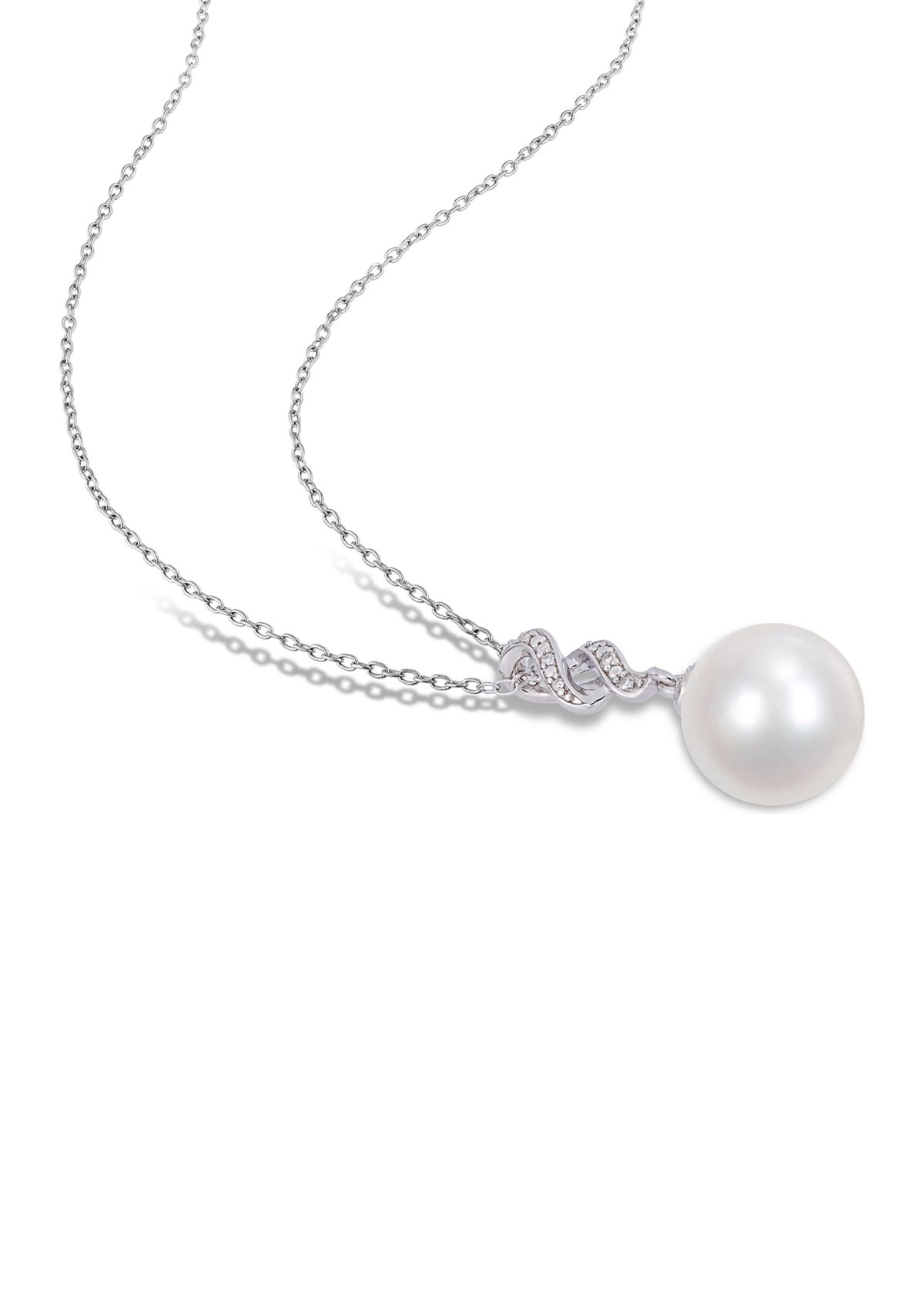 11-12mm Cultured Freshwater White Pearl and Diamond Twist Drop Pearl Necklace in Sterling Silver