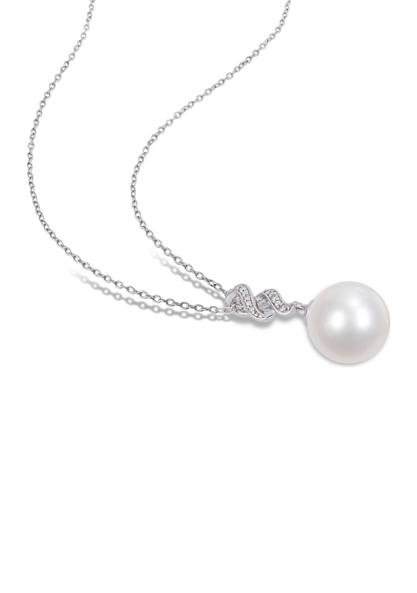 11-12mm Cultured Freshwater White Pearl and Diamond Twist Drop Pearl Necklace in Sterling Silver