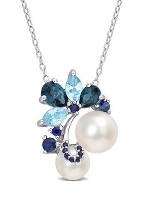 Belk & Co White Cultured Freshwater Pearl, London and Sky-Blue Topaz, and Sapphire Pendant with 20" Chain in Sterling Silver