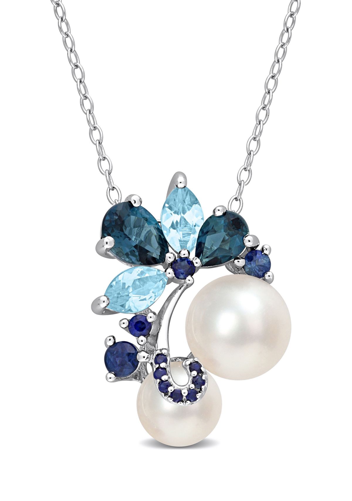 White Cultured Freshwater Pearl, London and Sky-Blue Topaz, and Sapphire Pendant with 20" Chain in Sterling Silver