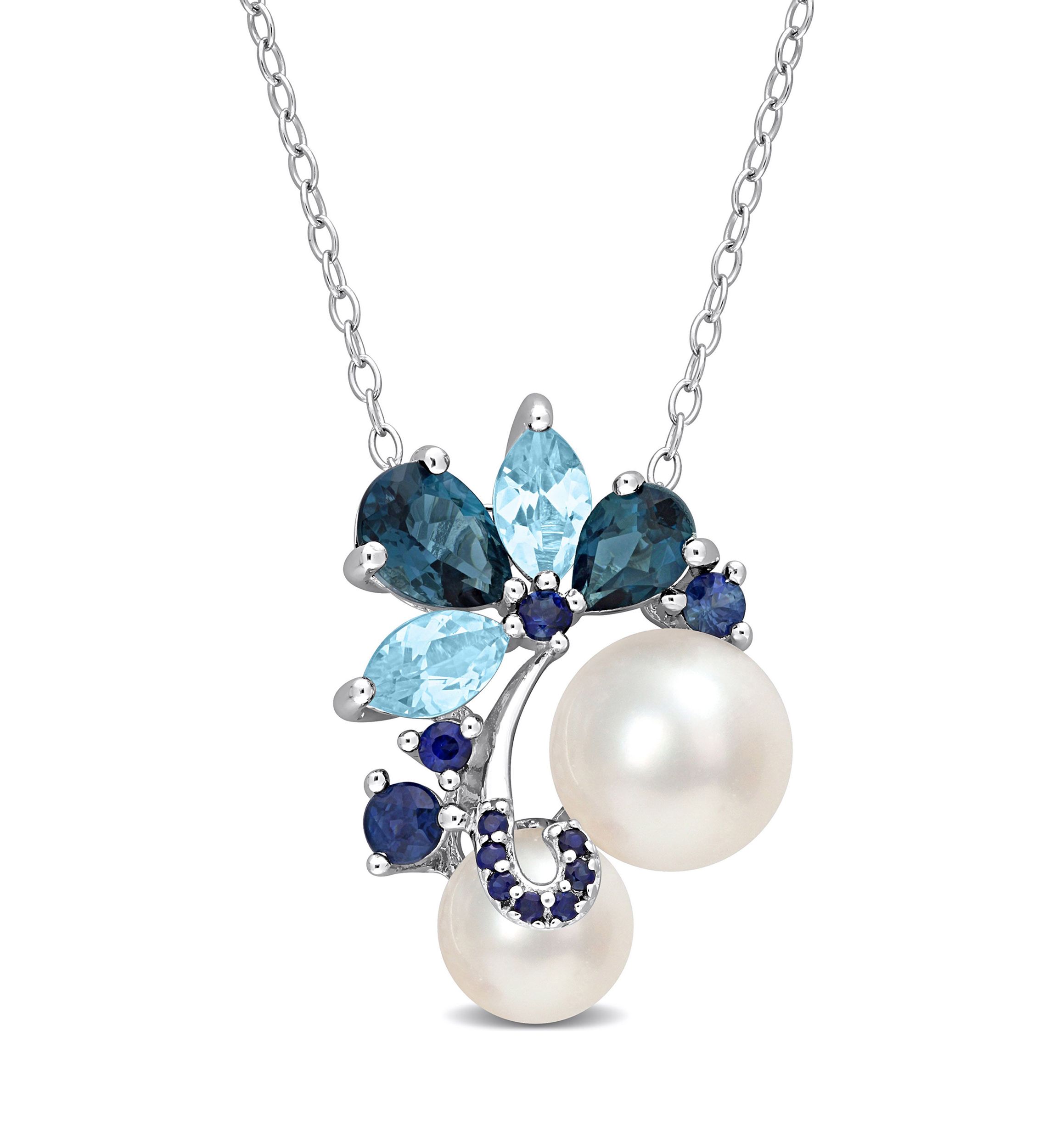 White Cultured Freshwater Pearl, London and Sky-Blue Topaz, and Sapphire Pendant with 20" Chain in Sterling Silver