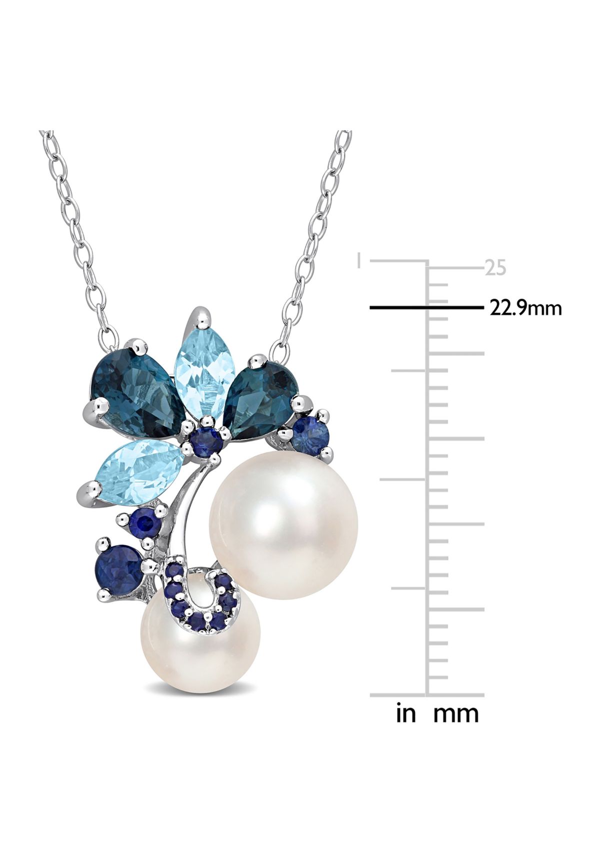 White Cultured Freshwater Pearl, London and Sky-Blue Topaz, and Sapphire Pendant with 20" Chain in Sterling Silver