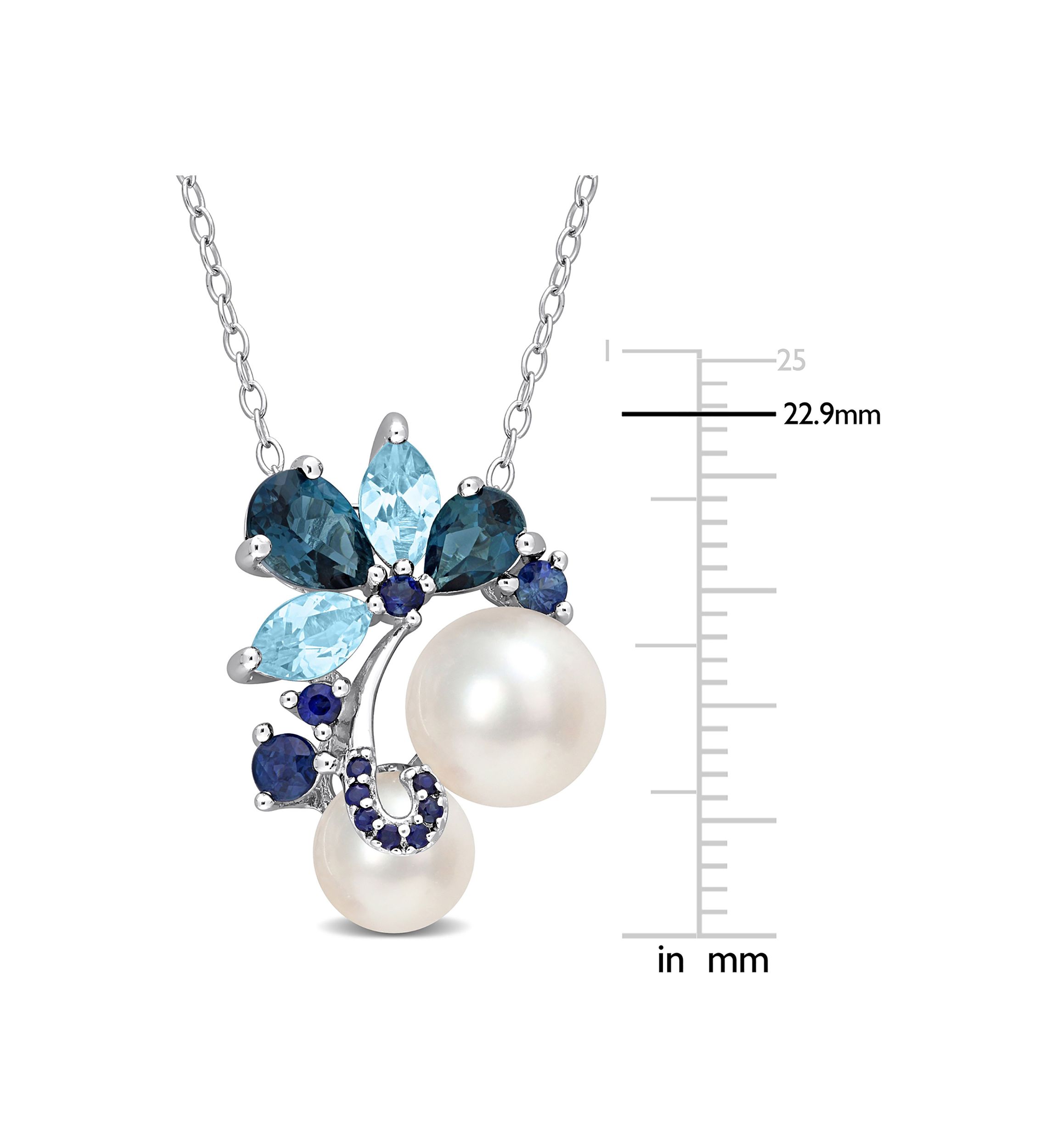 White Cultured Freshwater Pearl, London and Sky-Blue Topaz, and Sapphire Pendant with 20" Chain in Sterling Silver