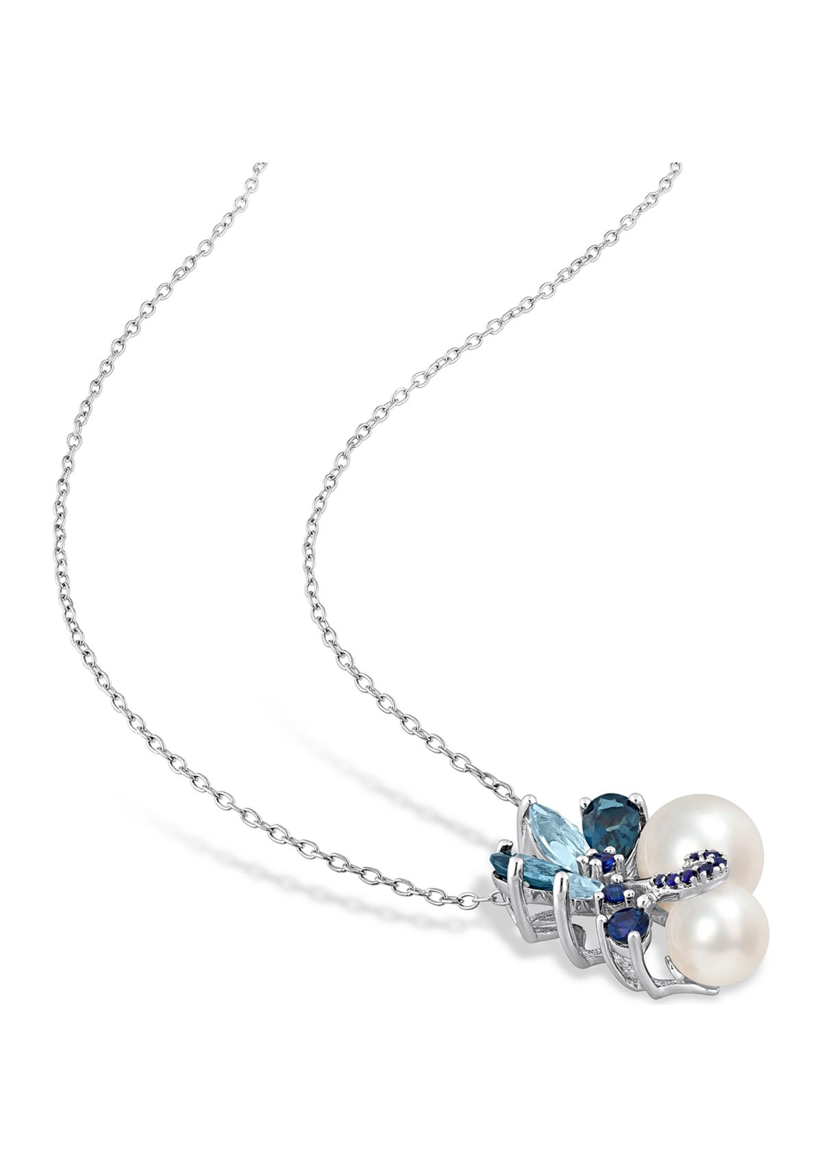 White Cultured Freshwater Pearl, London and Sky-Blue Topaz, and Sapphire Pendant with 20" Chain in Sterling Silver