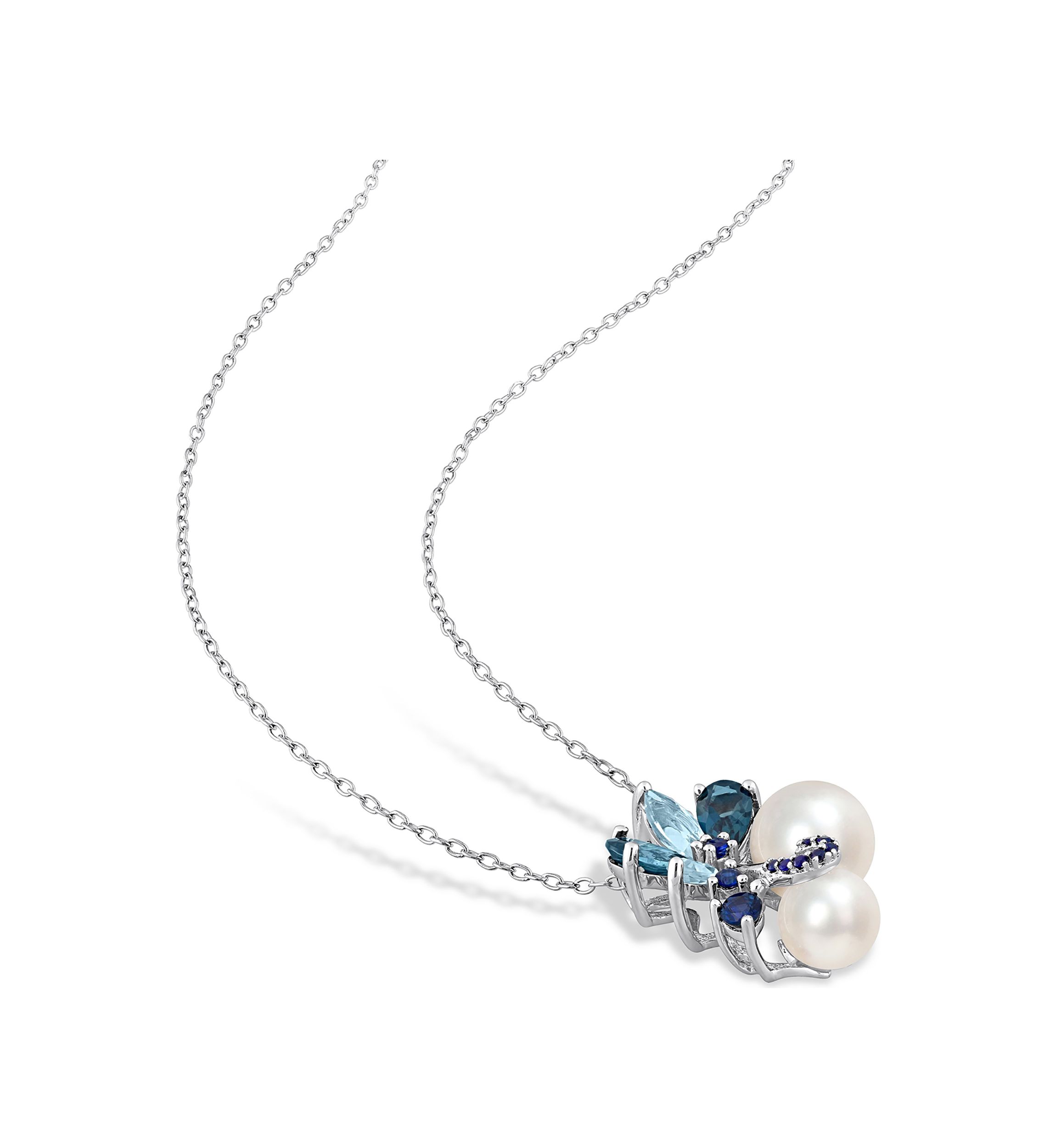 White Cultured Freshwater Pearl, London and Sky-Blue Topaz, and Sapphire Pendant with 20" Chain in Sterling Silver
