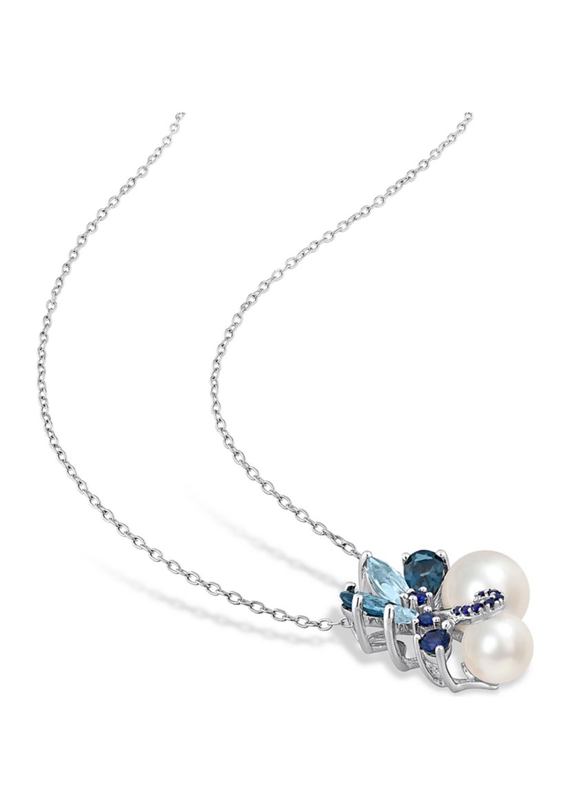White Cultured Freshwater Pearl, London and Sky-Blue Topaz, and Sapphire Pendant with 20" Chain in Sterling Silver