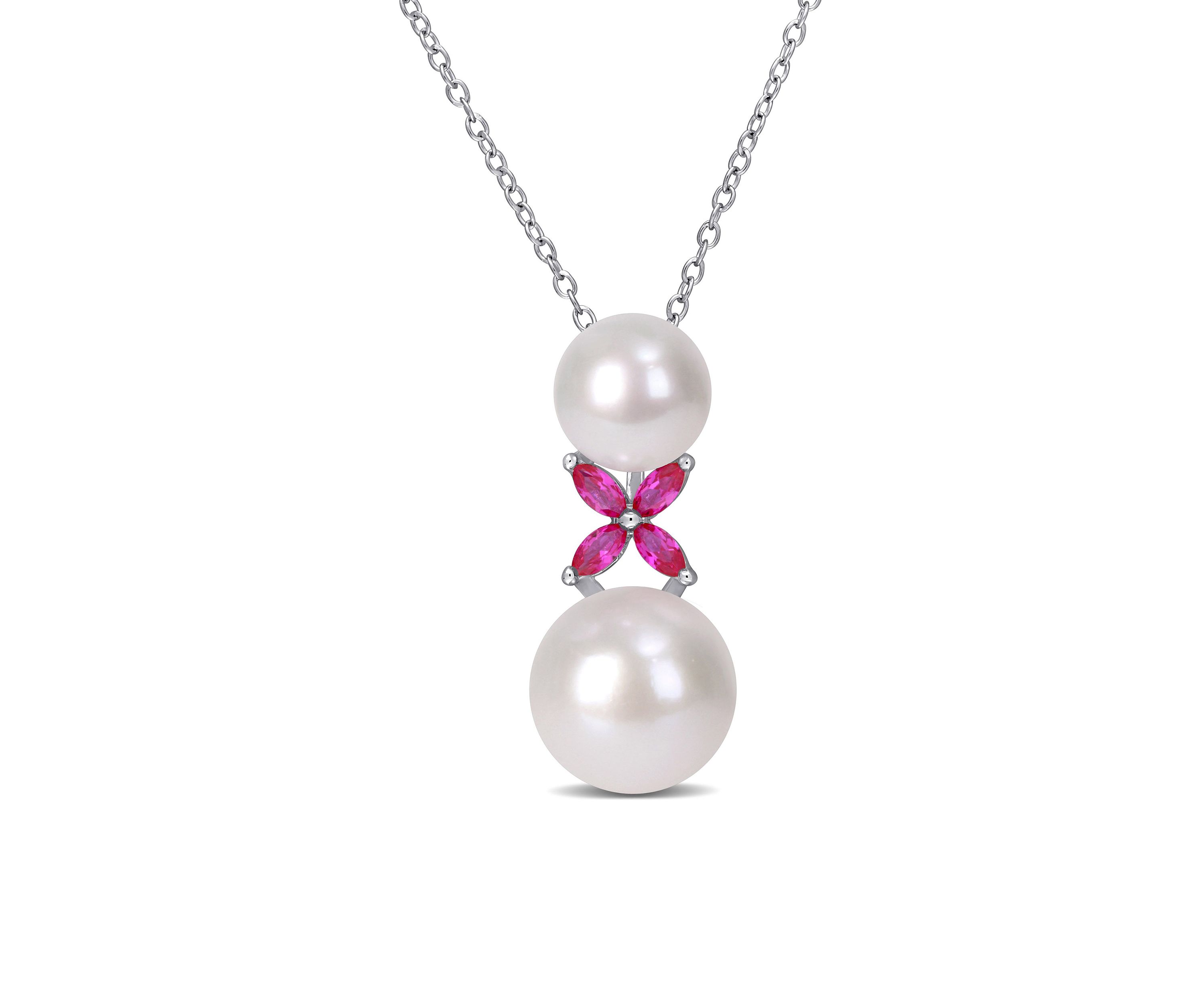 Lab Created Cultured Freshwater Pearl and Created Ruby Cross Pendant with Chain in Sterling Silver