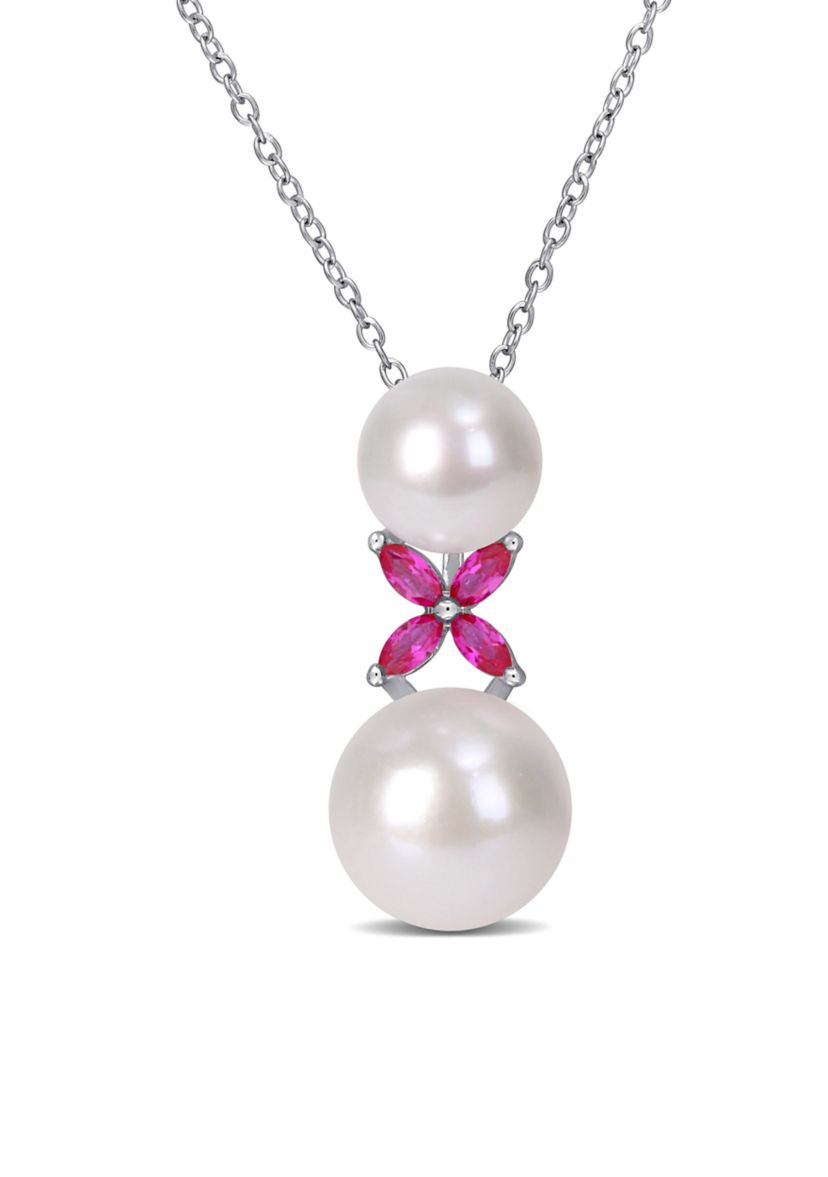 Lab Created Cultured Freshwater Pearl and Created Ruby Cross Pendant with Chain in Sterling Silver