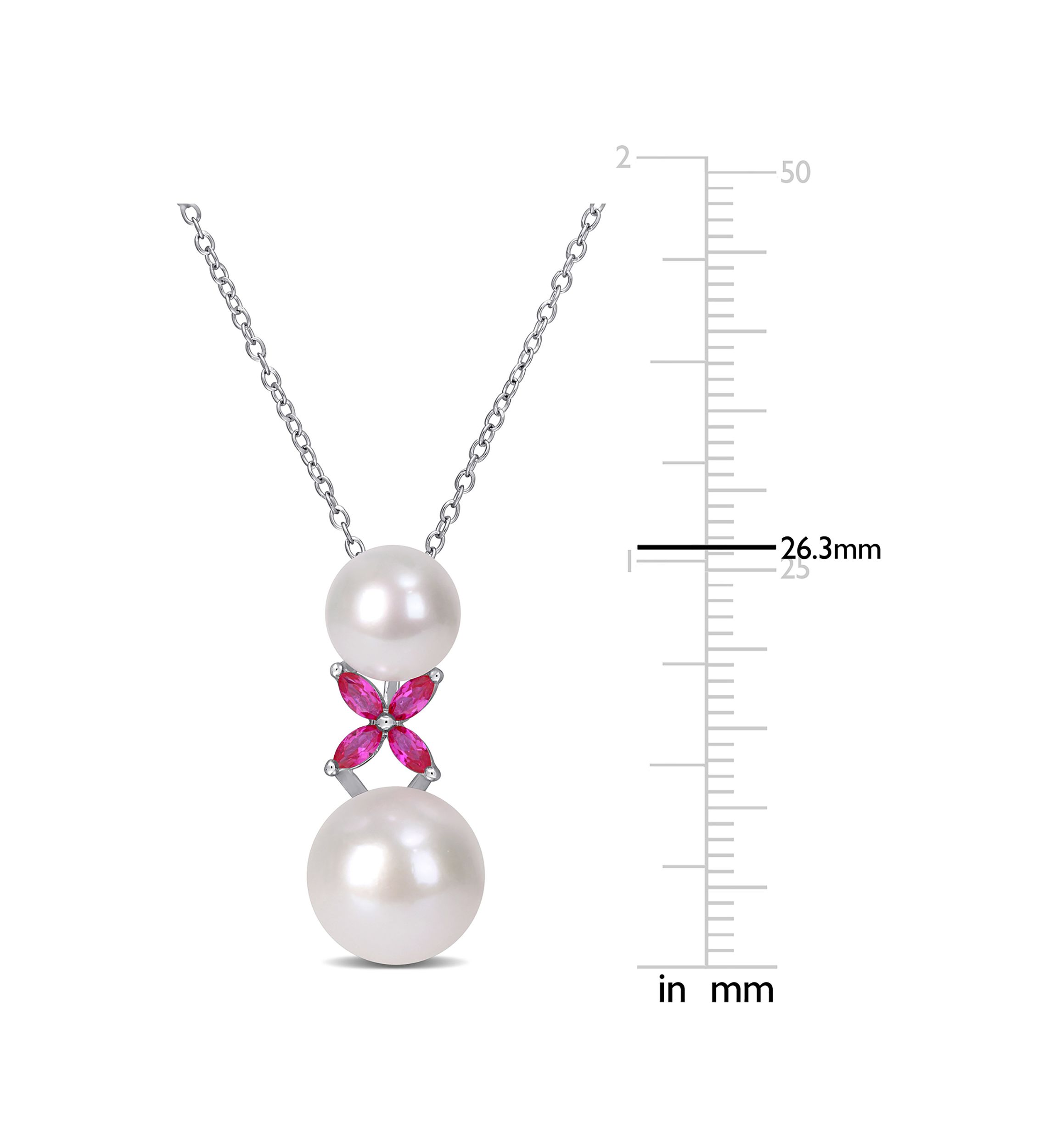 Lab Created Cultured Freshwater Pearl and Created Ruby Cross Pendant with Chain in Sterling Silver