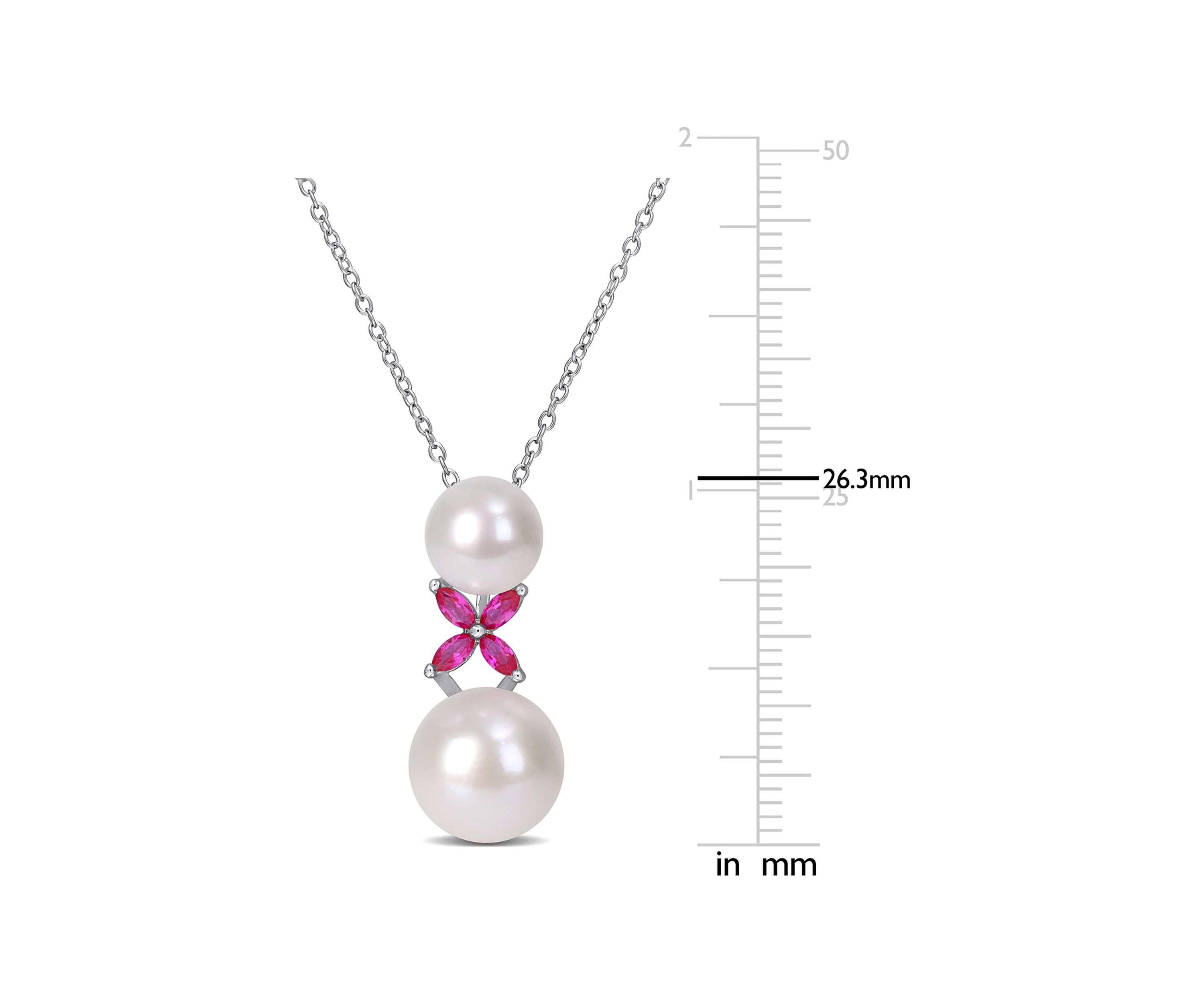 Lab Created Cultured Freshwater Pearl and Created Ruby Cross Pendant with Chain in Sterling Silver