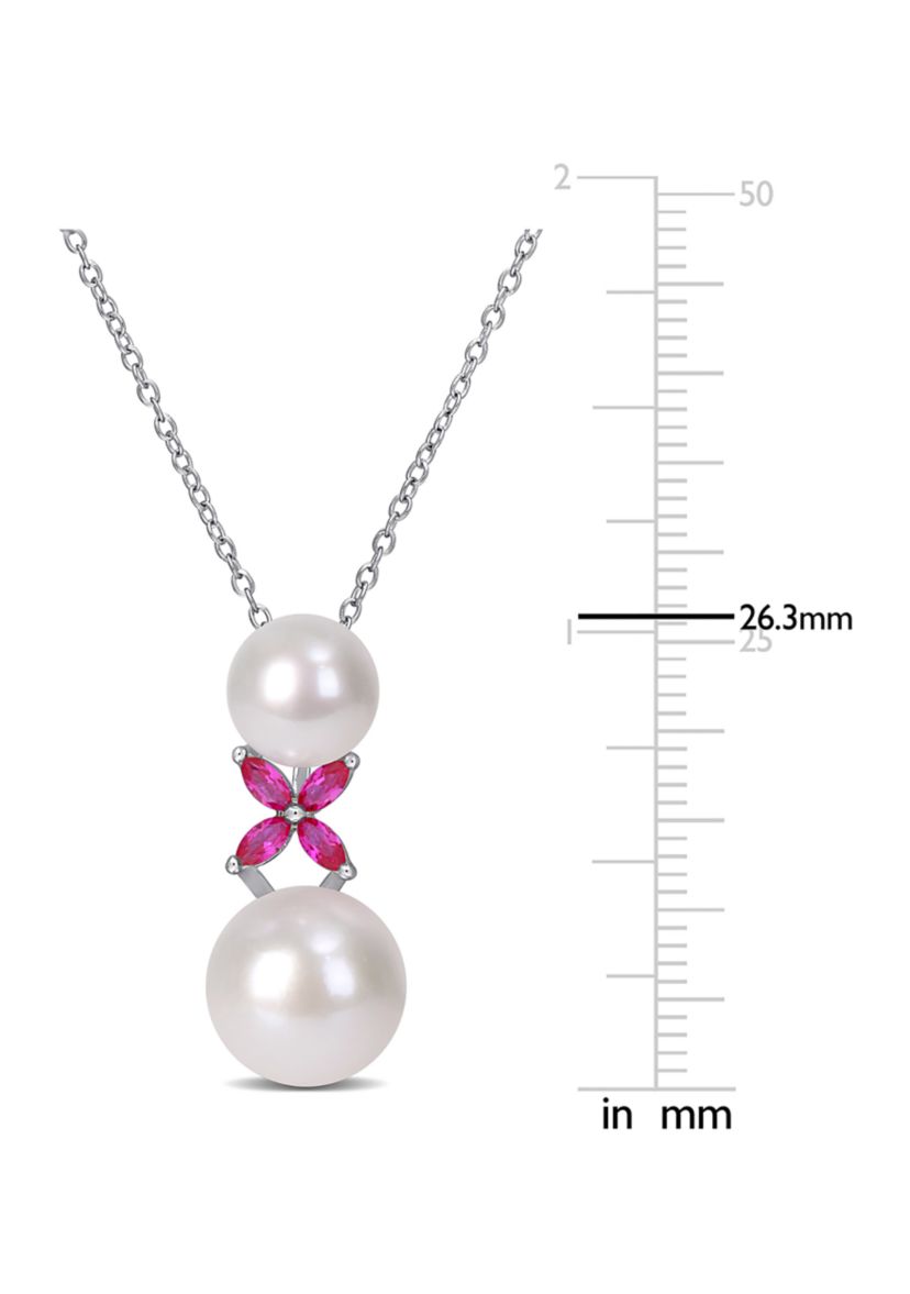 Lab Created Cultured Freshwater Pearl and Created Ruby Cross Pendant with Chain in Sterling Silver