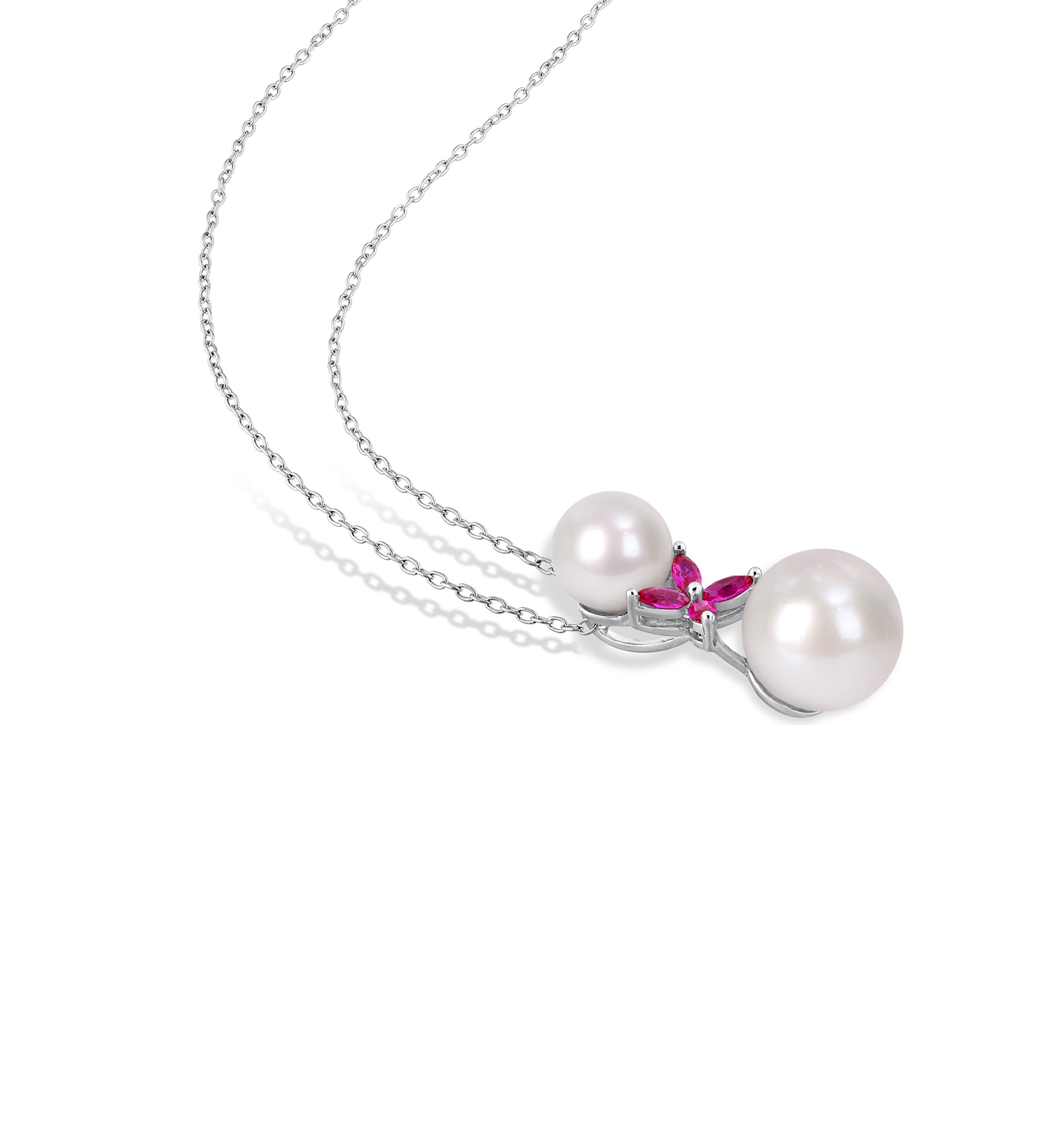 Lab Created Cultured Freshwater Pearl and Created Ruby Cross Pendant with Chain in Sterling Silver