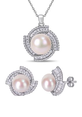 Haylee Jewels 9.5-12.5 MM Cultured Freshwater Pearl 3 3/4 Cubic Zirconia Geometric Halo Necklace and Stud Earring Set in Sterling Silver, White