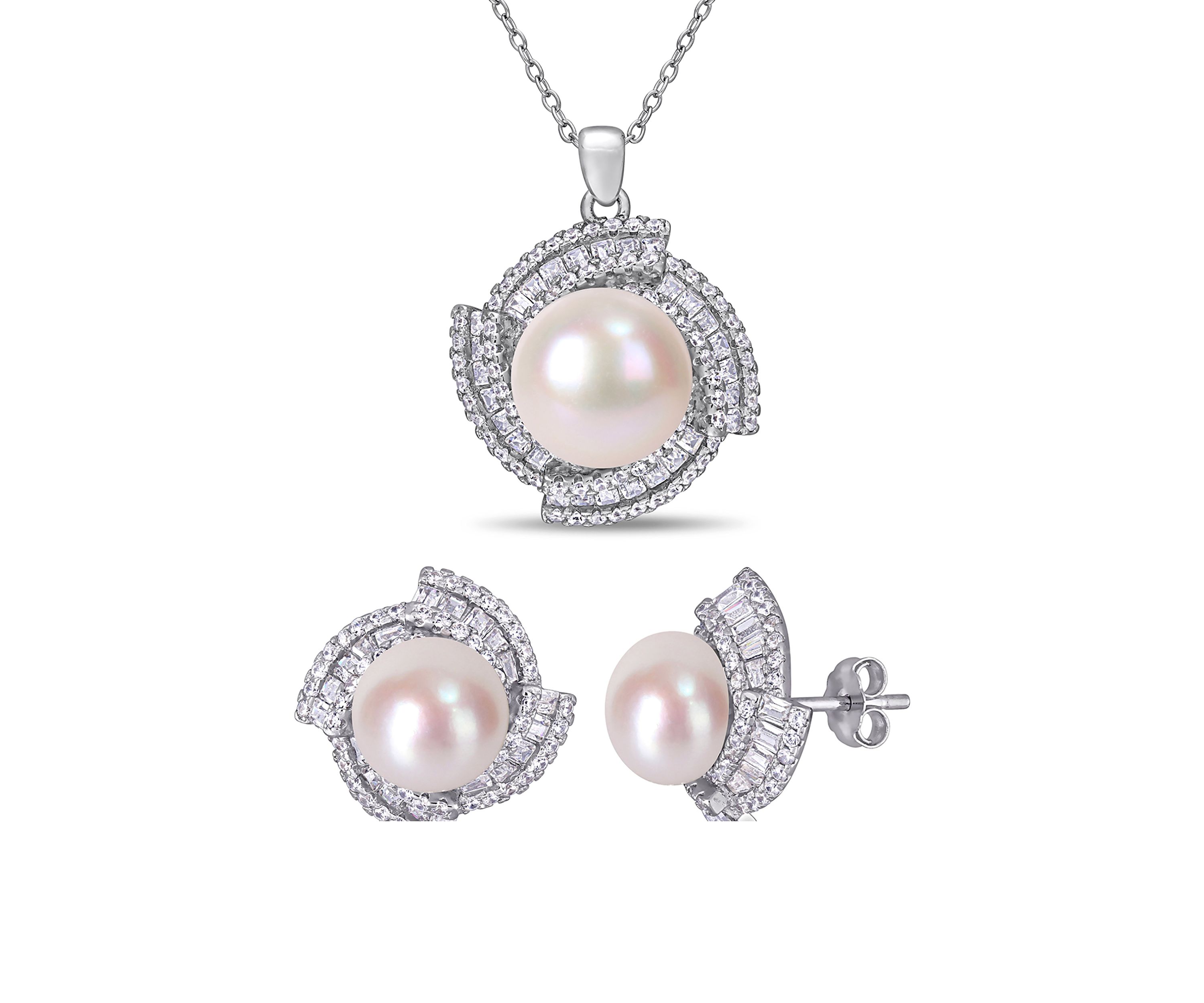 9.5-12.5 MM Cultured Freshwater Pearl 3 3/4 Cubic Zirconia Geometric Halo Necklace and Stud Earring Set in Sterling Silver