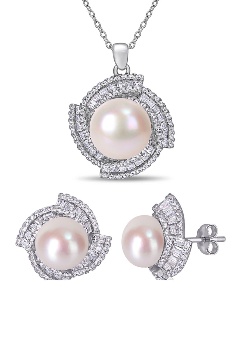 9.5-12.5 MM Cultured Freshwater Pearl 3 3/4 Cubic Zirconia Geometric Halo Necklace and Stud Earring Set in Sterling Silver
