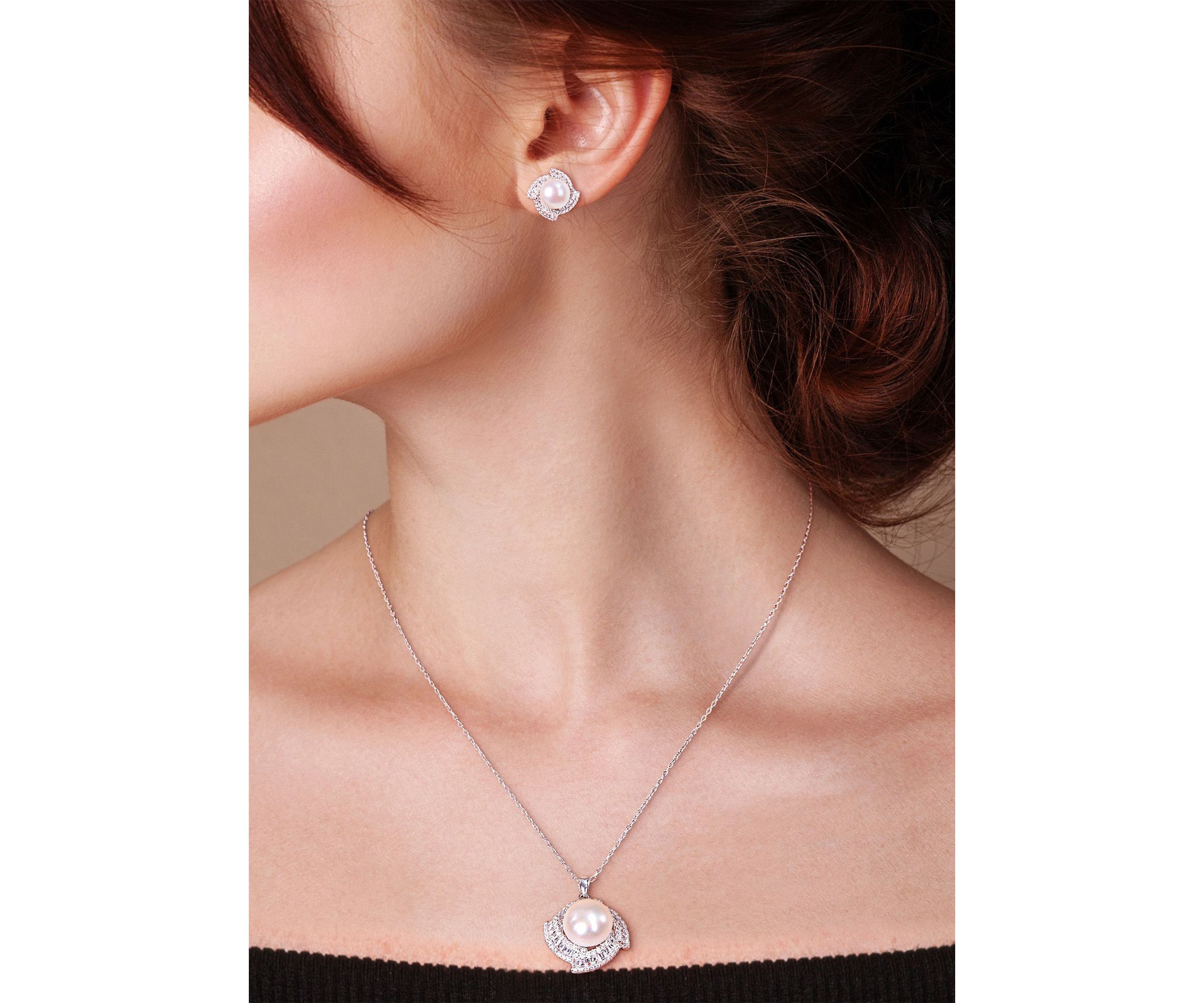 9.5-12.5 MM Cultured Freshwater Pearl 3 3/4 Cubic Zirconia Geometric Halo Necklace and Stud Earring Set in Sterling Silver