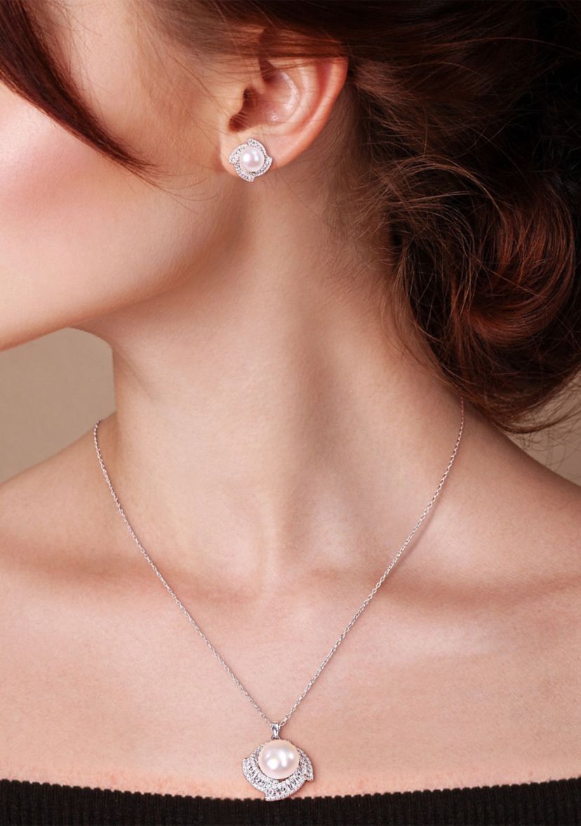 9.5-12.5 MM Cultured Freshwater Pearl 3 3/4 Cubic Zirconia Geometric Halo Necklace and Stud Earring Set in Sterling Silver
