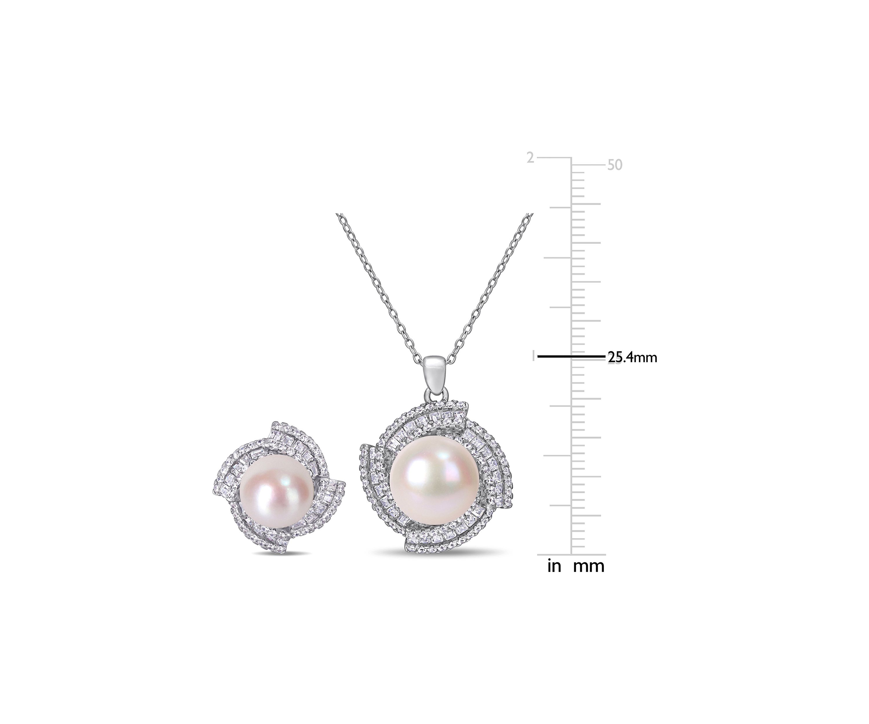 9.5-12.5 MM Cultured Freshwater Pearl 3 3/4 Cubic Zirconia Geometric Halo Necklace and Stud Earring Set in Sterling Silver