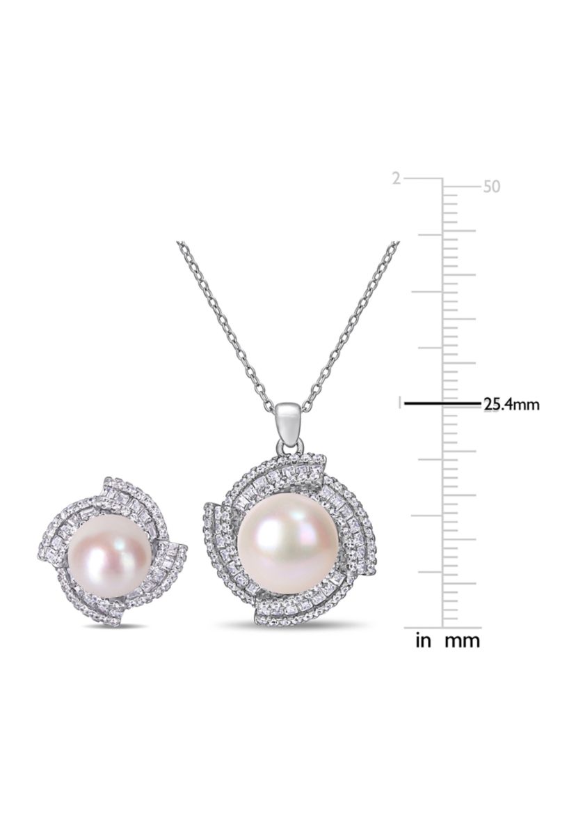 9.5-12.5 MM Cultured Freshwater Pearl 3 3/4 Cubic Zirconia Geometric Halo Necklace and Stud Earring Set in Sterling Silver