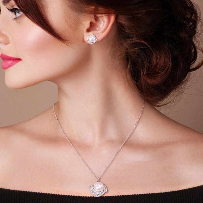 9.5-12.5 MM Cultured Freshwater Pearl 3 3/4 Cubic Zirconia Geometric Halo Necklace and Stud Earring Set in Sterling Silver
