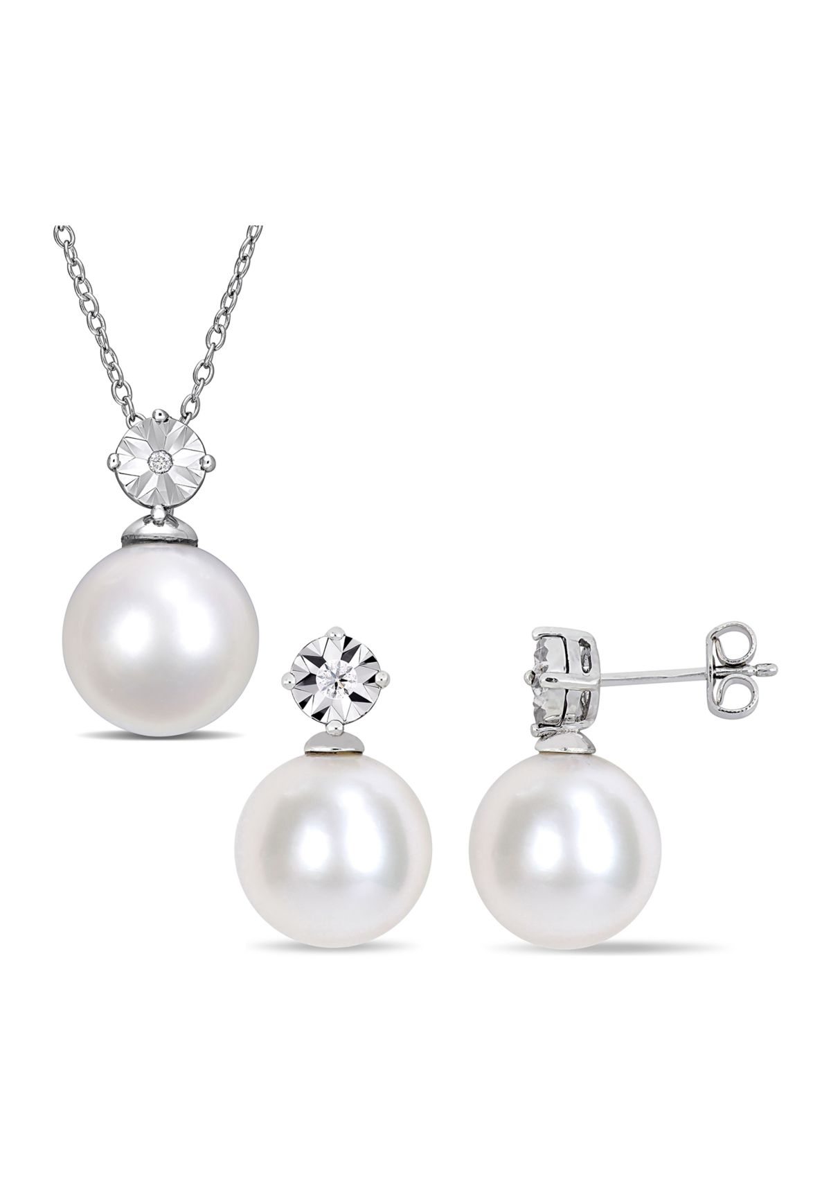 11-12mm Cultured Freshwater Pearl and Diamond Accent Drop Earrings and Pendant with Chain Set in Sterling Silver