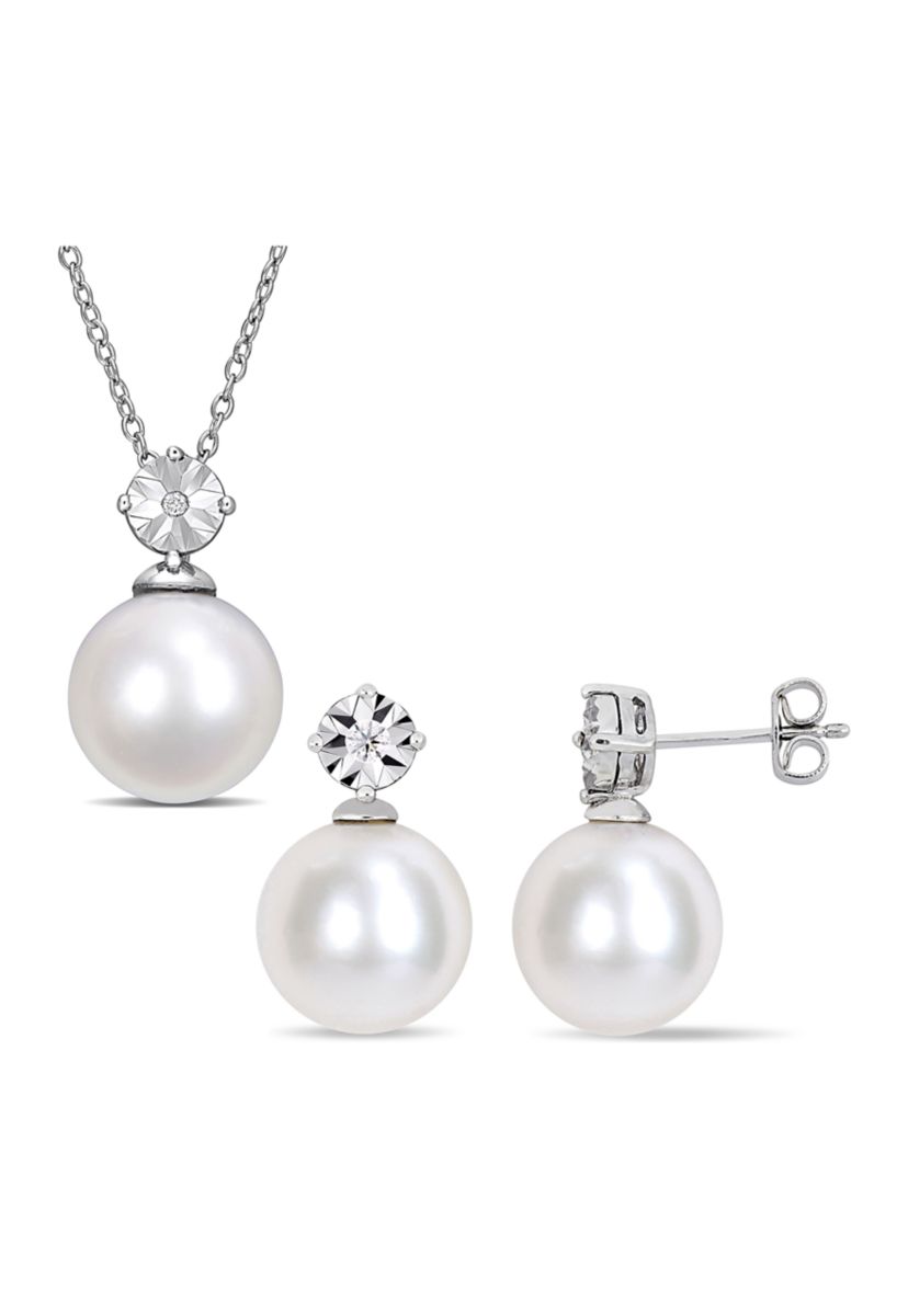 11-12mm Cultured Freshwater Pearl and Diamond Accent Drop Earrings and Pendant with Chain Set in Sterling Silver
