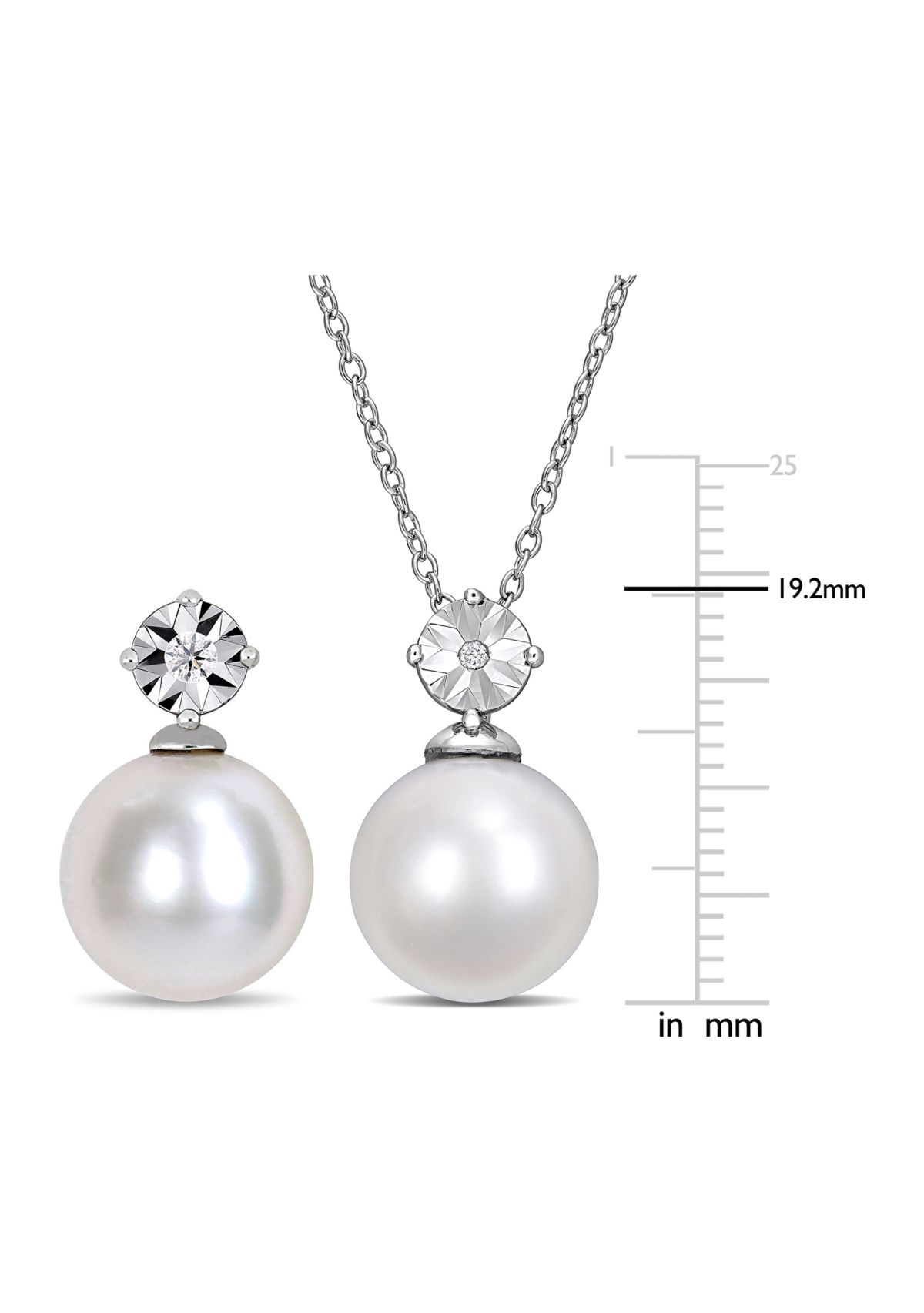 11-12mm Cultured Freshwater Pearl and Diamond Accent Drop Earrings and Pendant with Chain Set in Sterling Silver