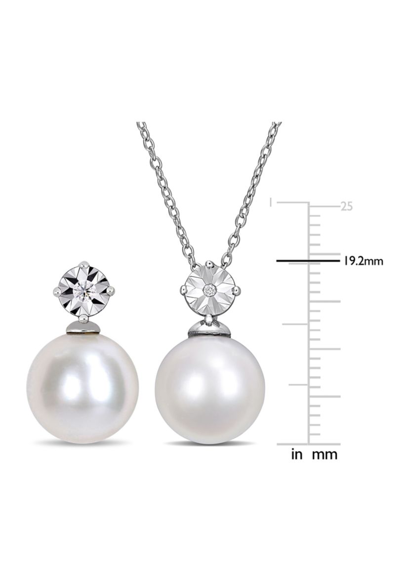 11-12mm Cultured Freshwater Pearl and Diamond Accent Drop Earrings and Pendant with Chain Set in Sterling Silver
