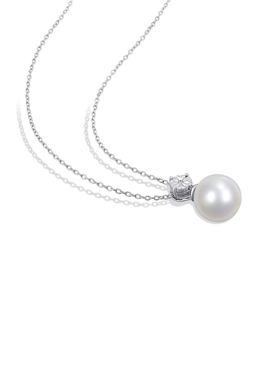 11-12mm Cultured Freshwater Pearl and Diamond Accent Drop Earrings and Pendant with Chain Set in Sterling Silver