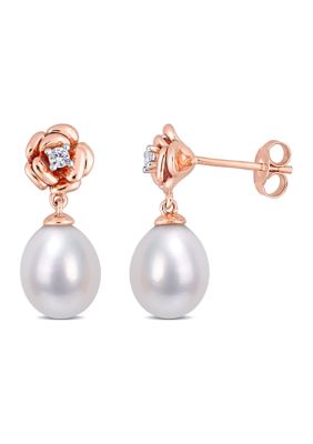 Belk & Co Lab Created 8.5 - 9 MM Freshwater Cultured Pearl and 1/8 CT White Sapphire Floral Earrings in Rose Plated Sterling Silver, Pink