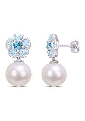 Belk & Co 11-12Mm Freshwater Cultured Pearl And 3 1/10 Ct Tgw London And Sky-Blue Topaz Floral Earrings In Sterling Silver