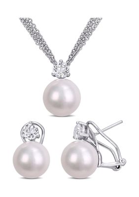 Belk & Co 11-12mm Cultured Freshwater Pearl and 1 3/4 Ct TGW White Topaz Omega Clip Earrings and Pendant with Triple Strand Chain in Sterling Silver