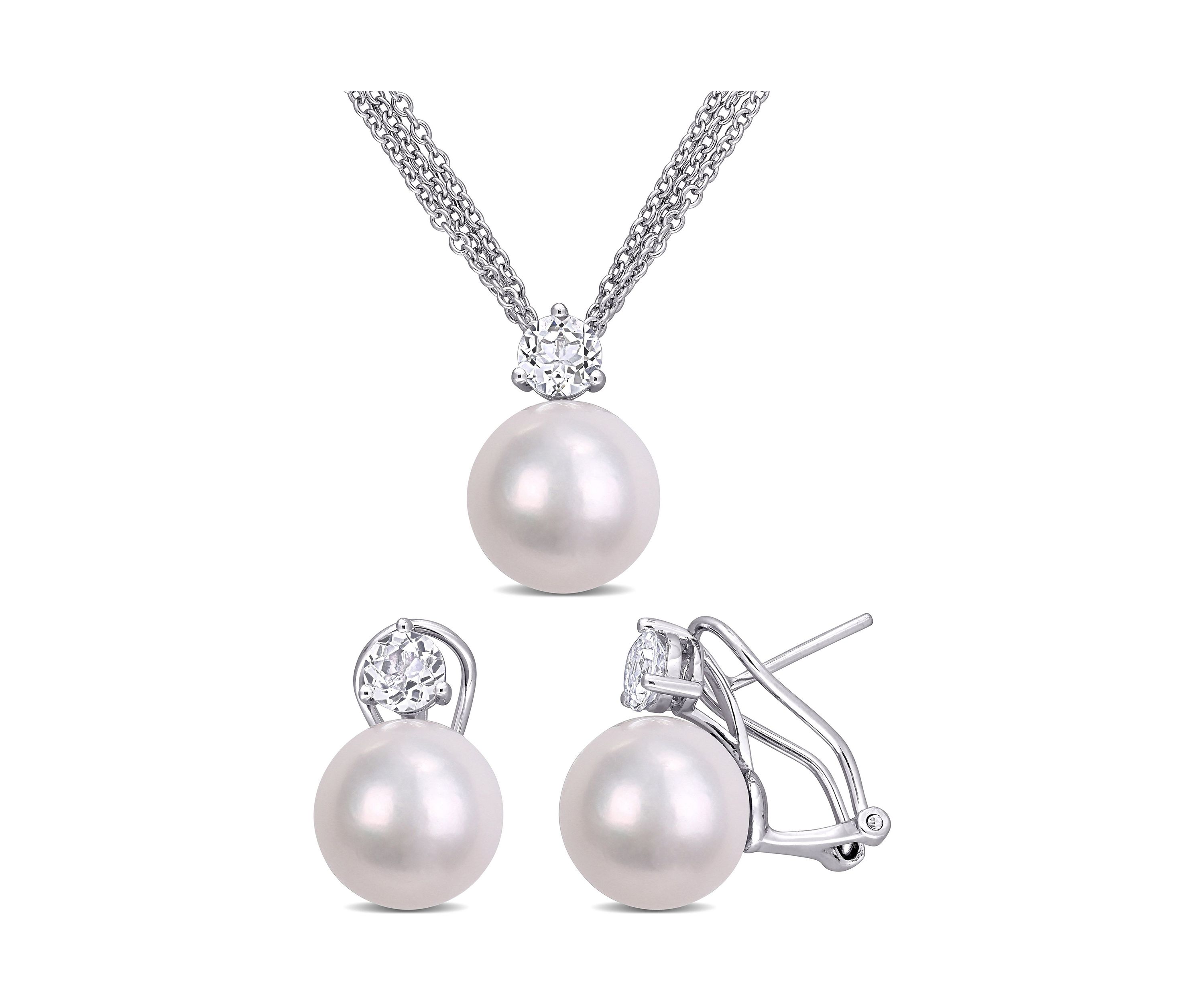 11-12mm Cultured Freshwater Pearl and 1 3/4 Ct TGW White Topaz Omega Clip Earrings and Pendant with Triple Strand Chain in Sterling Silver