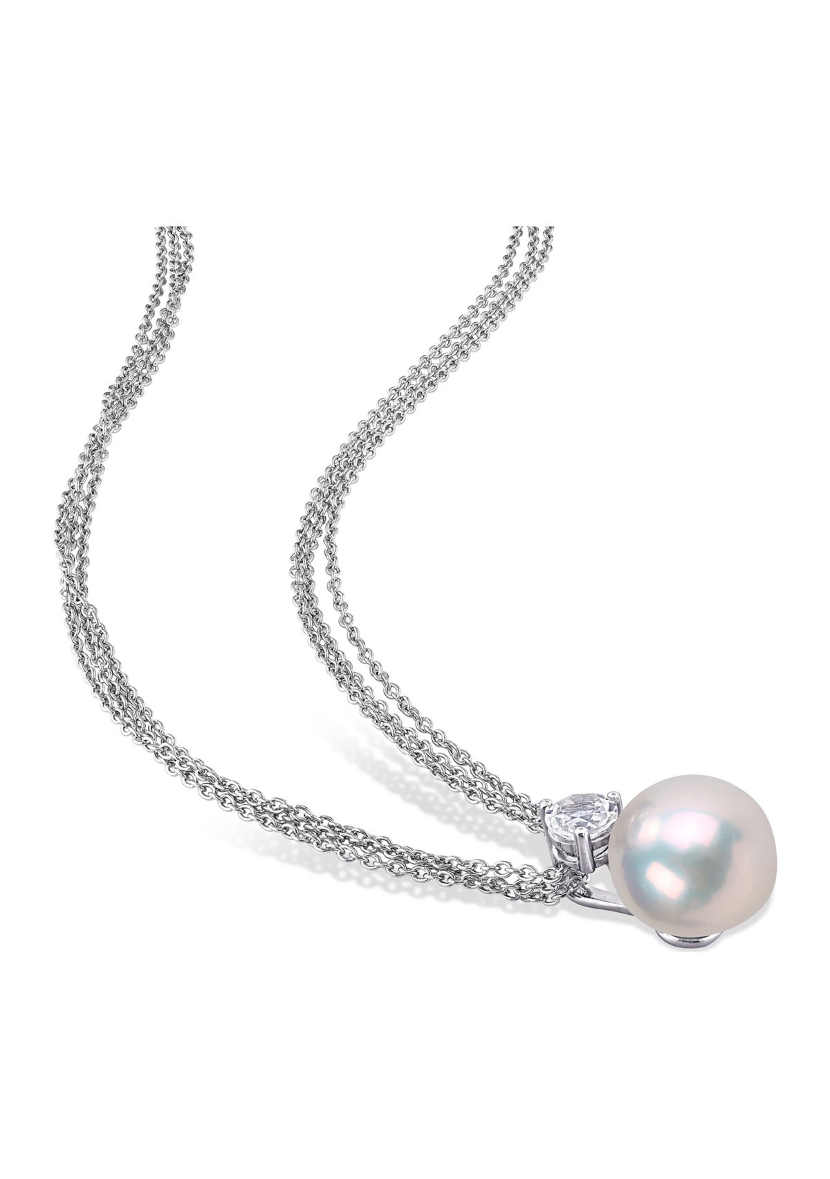 11-12mm Cultured Freshwater Pearl and 1 3/4 Ct TGW White Topaz Omega Clip Earrings and Pendant with Triple Strand Chain in Sterling Silver