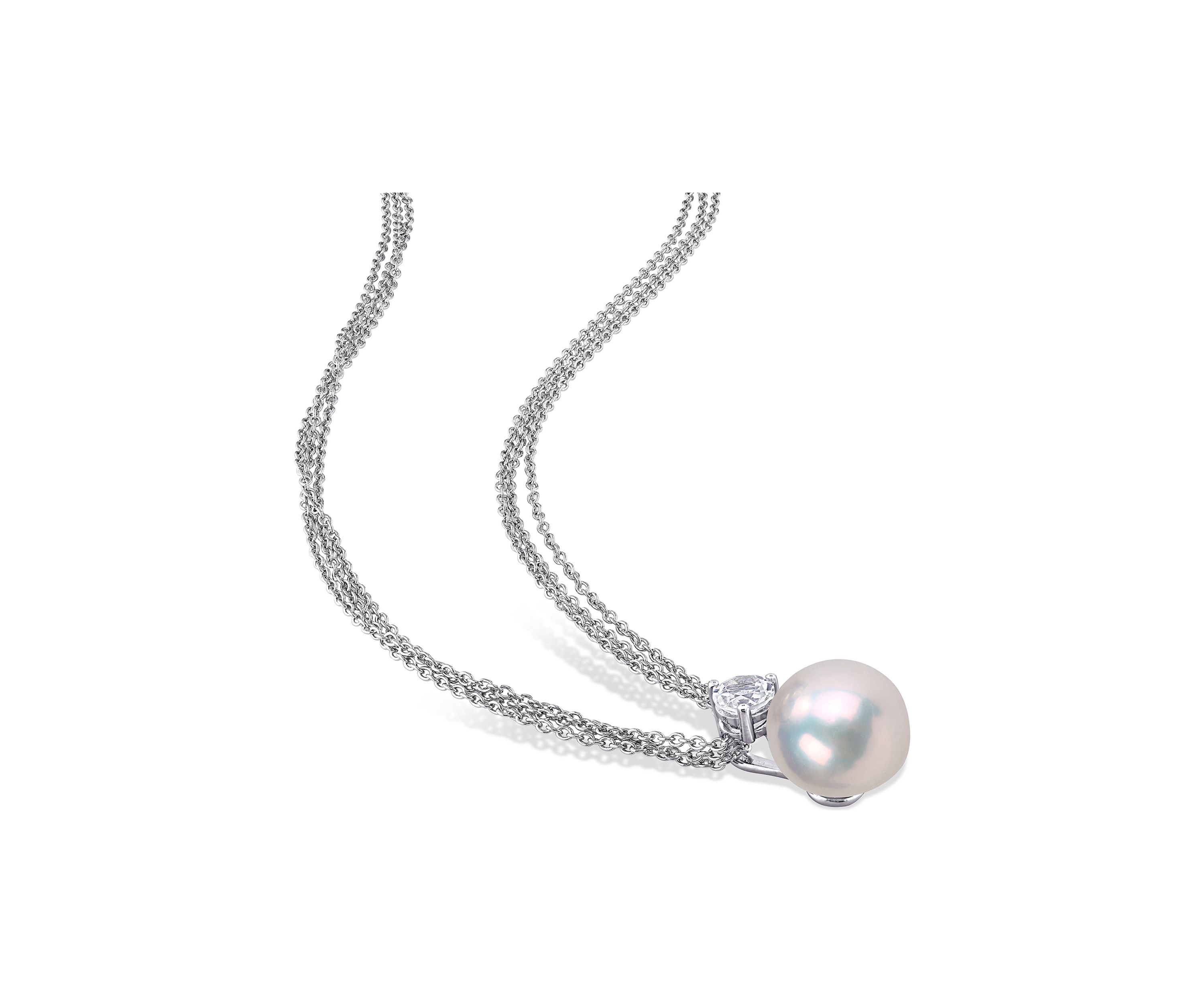 11-12mm Cultured Freshwater Pearl and 1 3/4 Ct TGW White Topaz Omega Clip Earrings and Pendant with Triple Strand Chain in Sterling Silver