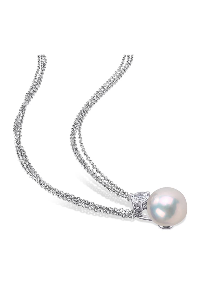 11-12mm Cultured Freshwater Pearl and 1 3/4 Ct TGW White Topaz Omega Clip Earrings and Pendant with Triple Strand Chain in Sterling Silver