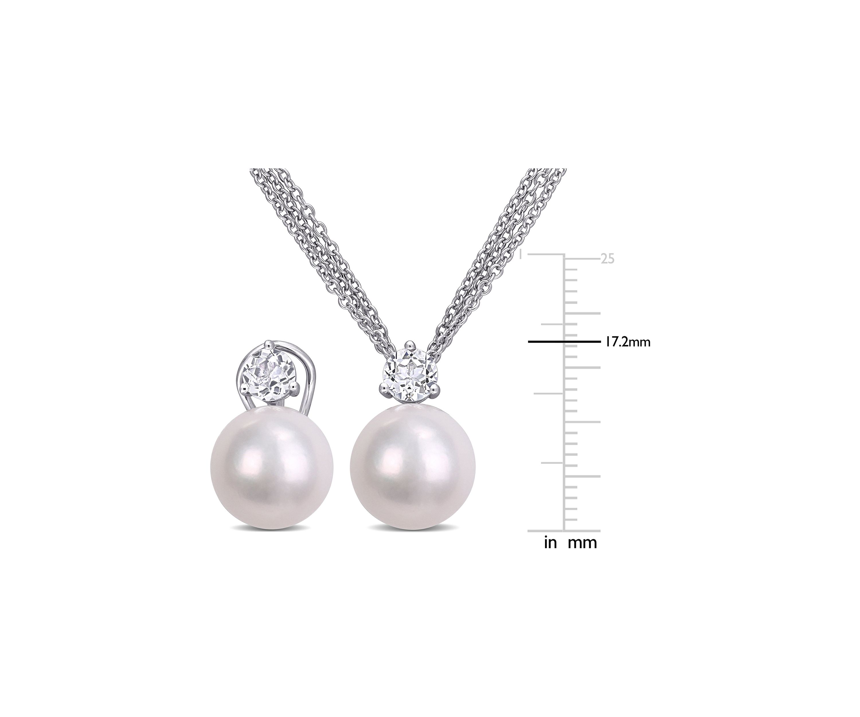 11-12mm Cultured Freshwater Pearl and 1 3/4 Ct TGW White Topaz Omega Clip Earrings and Pendant with Triple Strand Chain in Sterling Silver