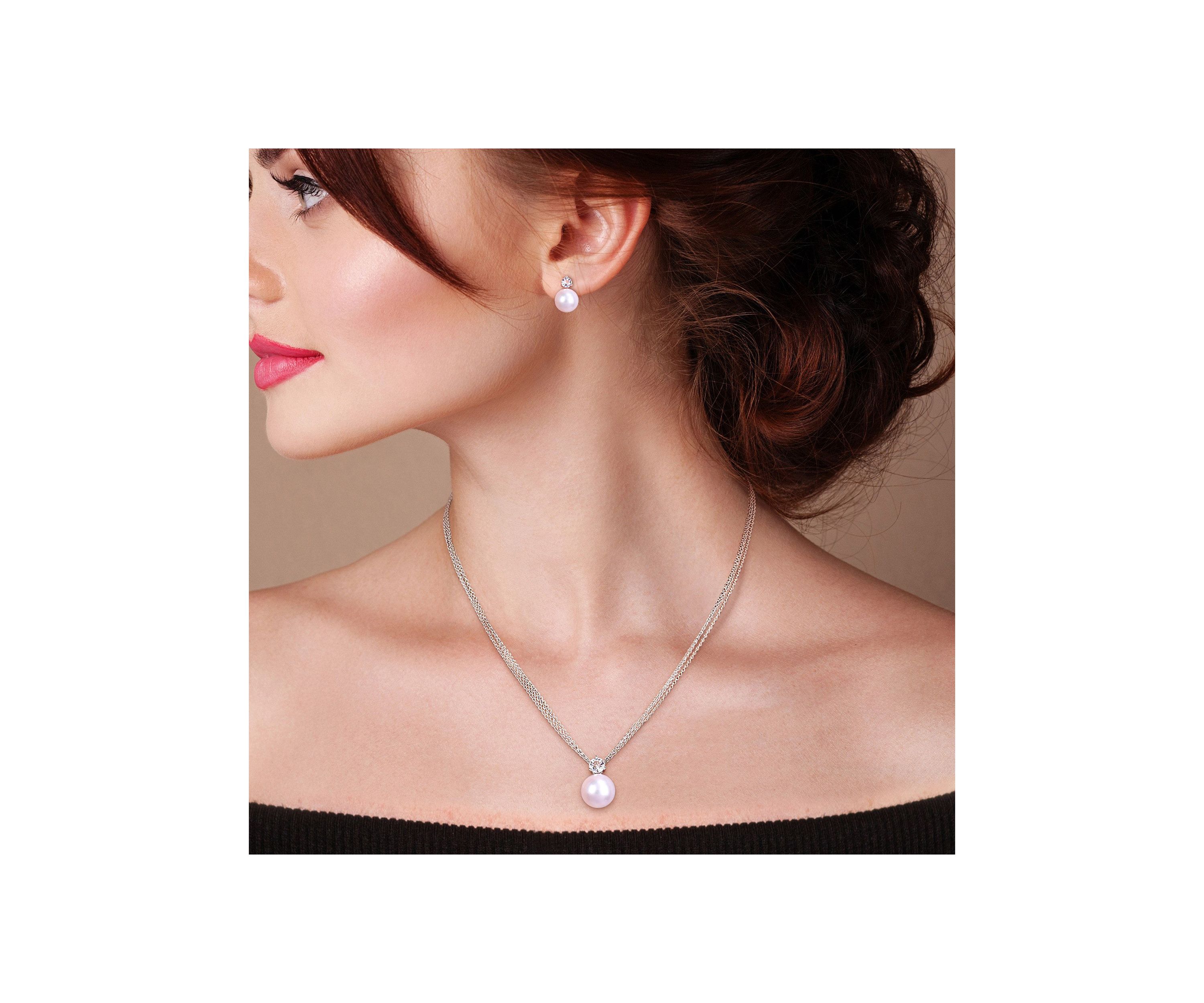 11-12mm Cultured Freshwater Pearl and 1 3/4 Ct TGW White Topaz Omega Clip Earrings and Pendant with Triple Strand Chain in Sterling Silver