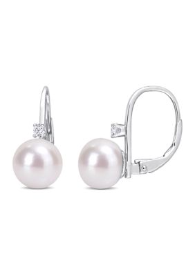 Haylee Jewels 9-9.5mm Freshwater Cultured Pearl and 1/7 CT TGW Cubic Zirconia Leverback Earrings in Sterling Silver, White