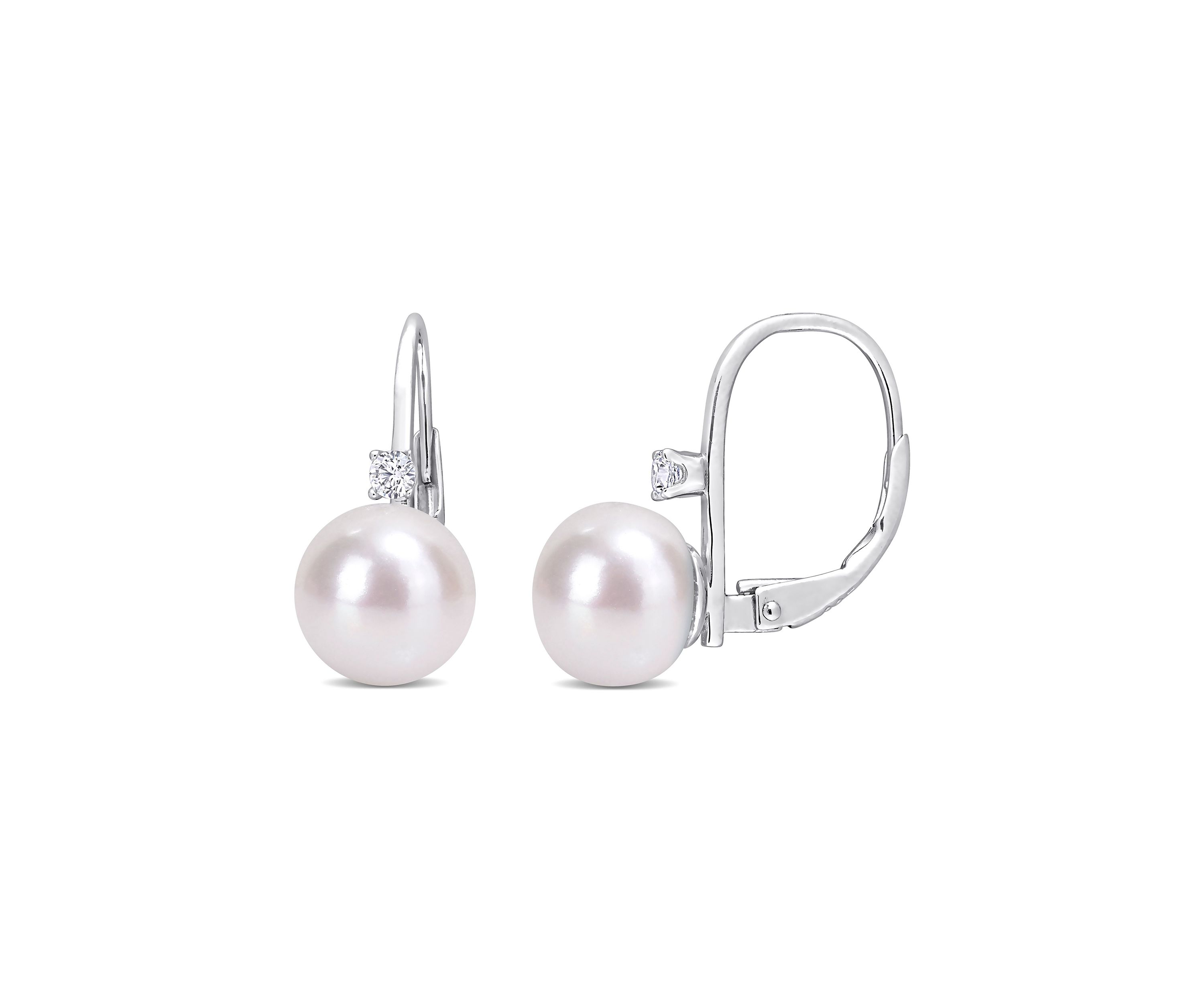 9-9.5mm Freshwater Cultured Pearl and 1/7 CT TGW Cubic Zirconia Leverback Earrings in Sterling Silver