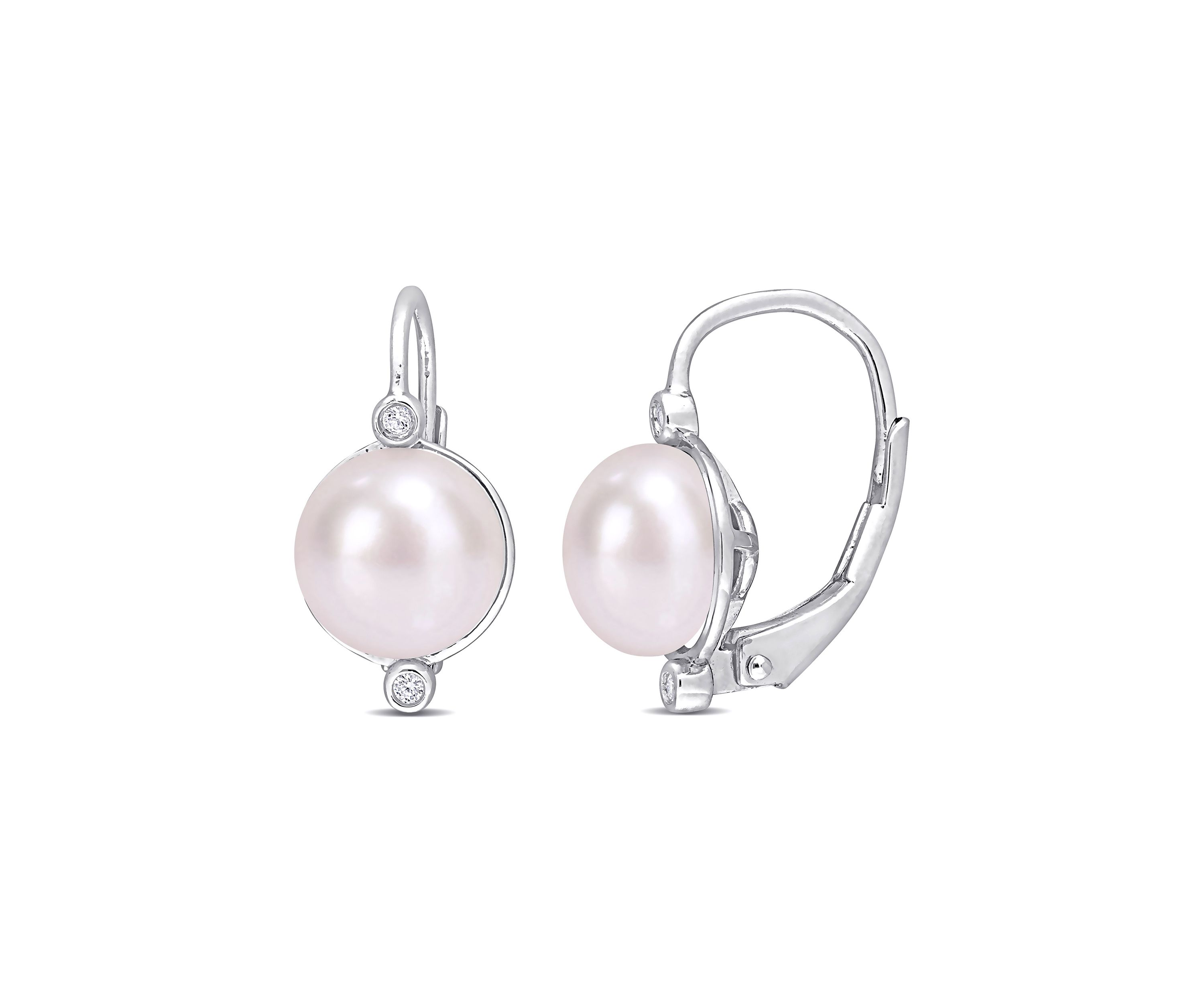 7.5-8mm Freshwater Cultured Pearl and Diamond Accent Leverback Earrings in Sterling Silver
