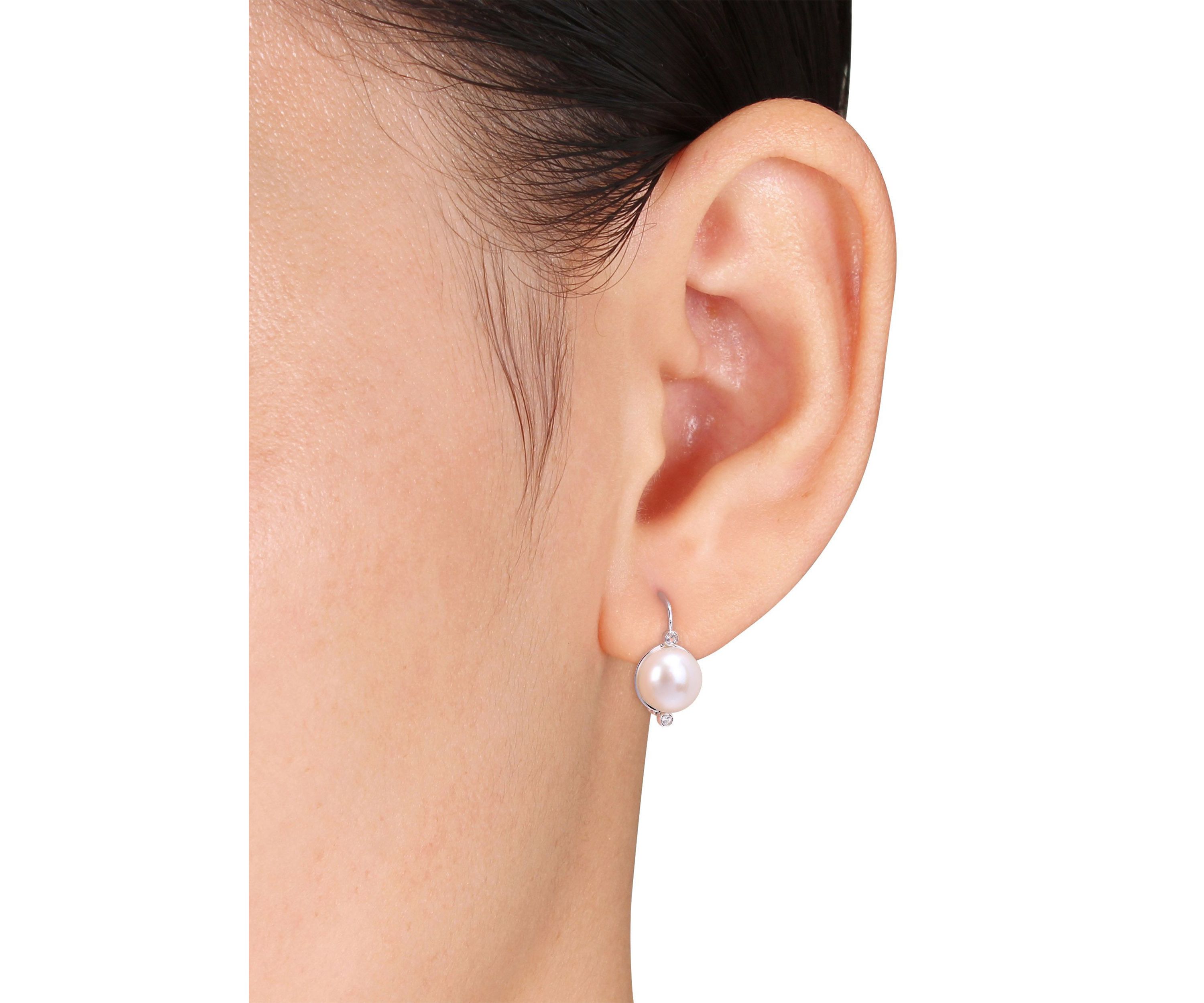 7.5-8mm Freshwater Cultured Pearl and Diamond Accent Leverback Earrings in Sterling Silver