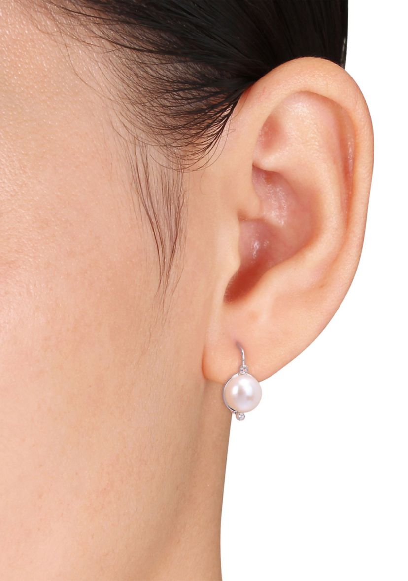 7.5-8mm Freshwater Cultured Pearl and Diamond Accent Leverback Earrings in Sterling Silver